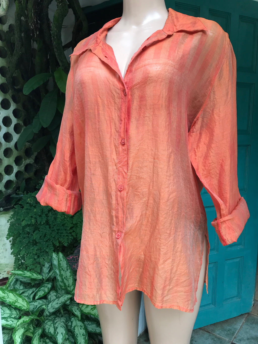vintage organic coral paper thin button blouse... L/XL