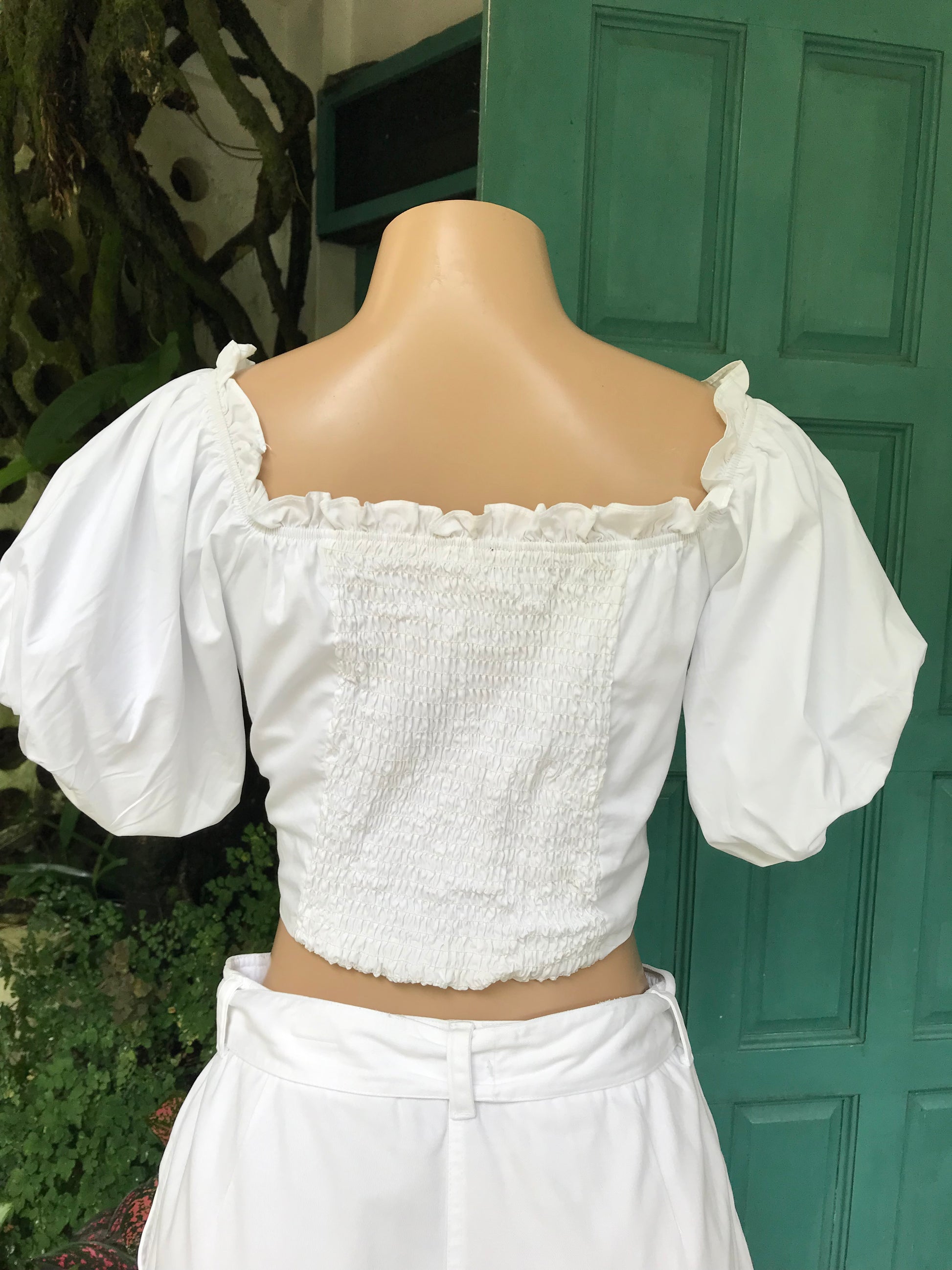 Quintessential white lace up ruffle crop top 100% Cotton off the shoulder ... L