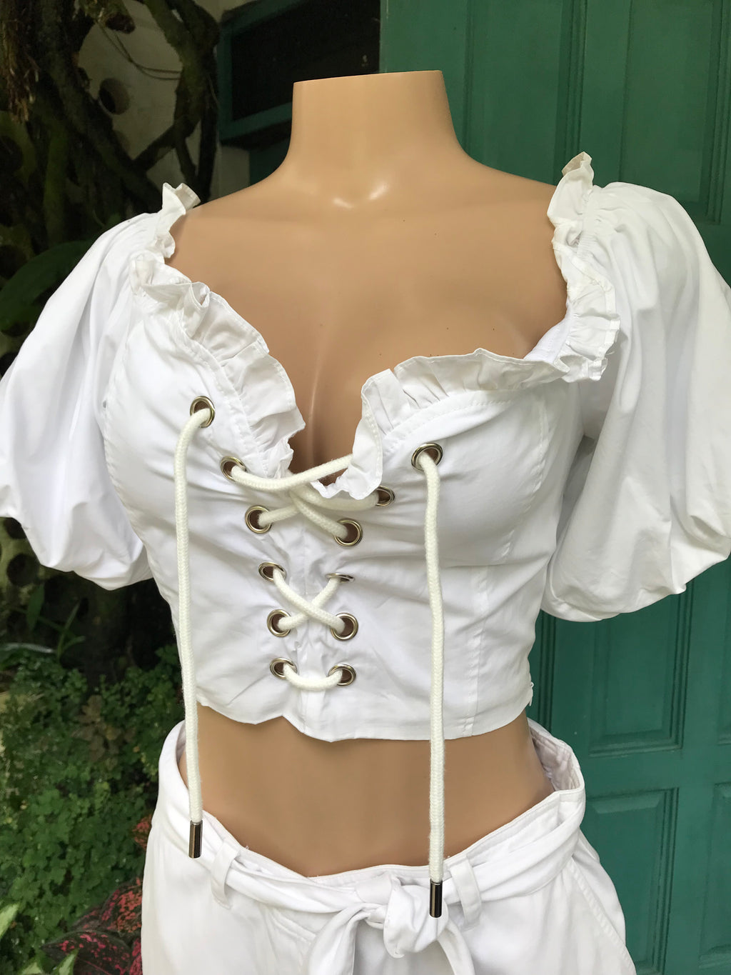 Quintessential white lace up ruffle crop top 100% Cotton off the shoulder ... L
