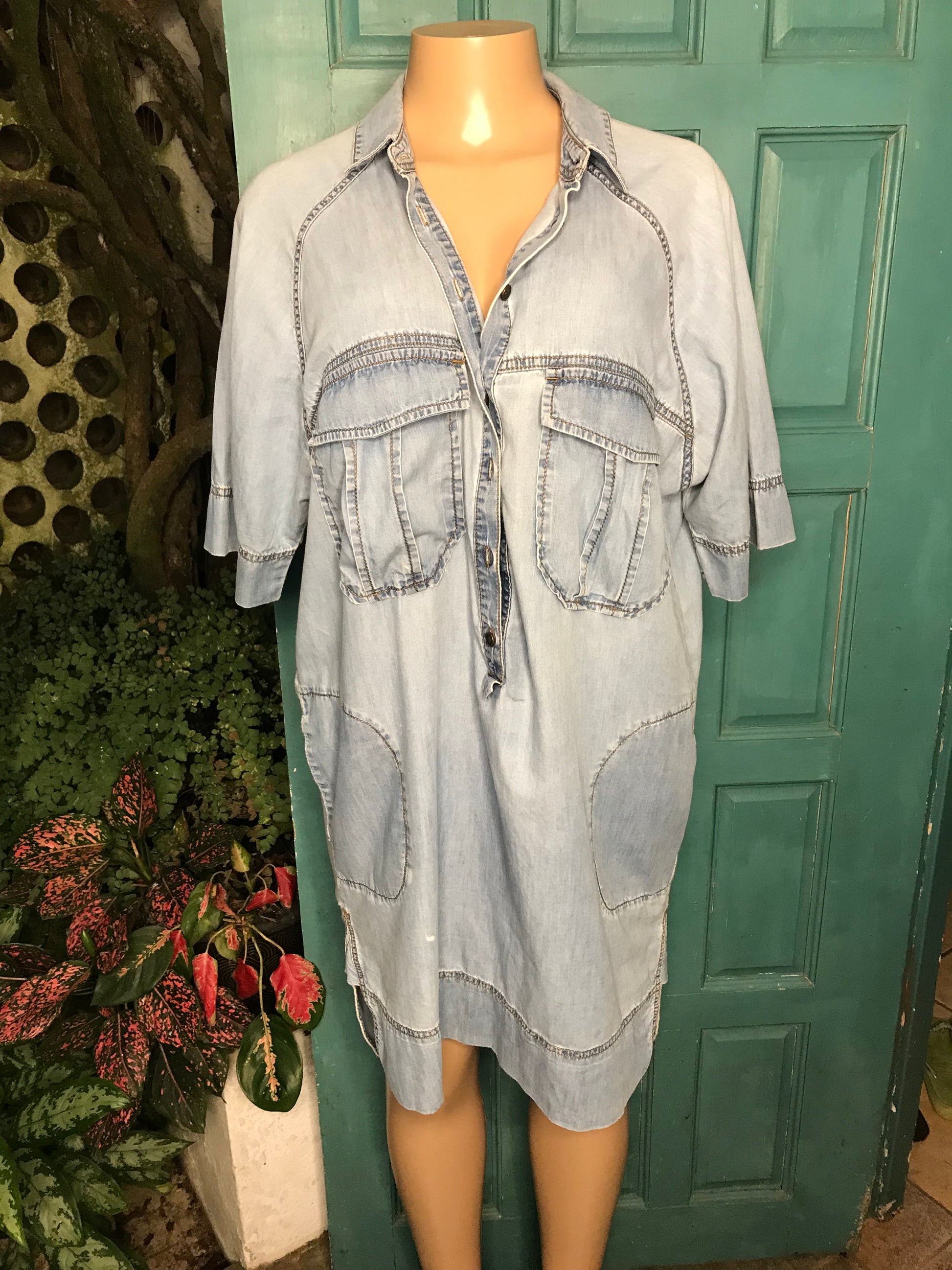 Retro Denim high low dress with pockets  M - L