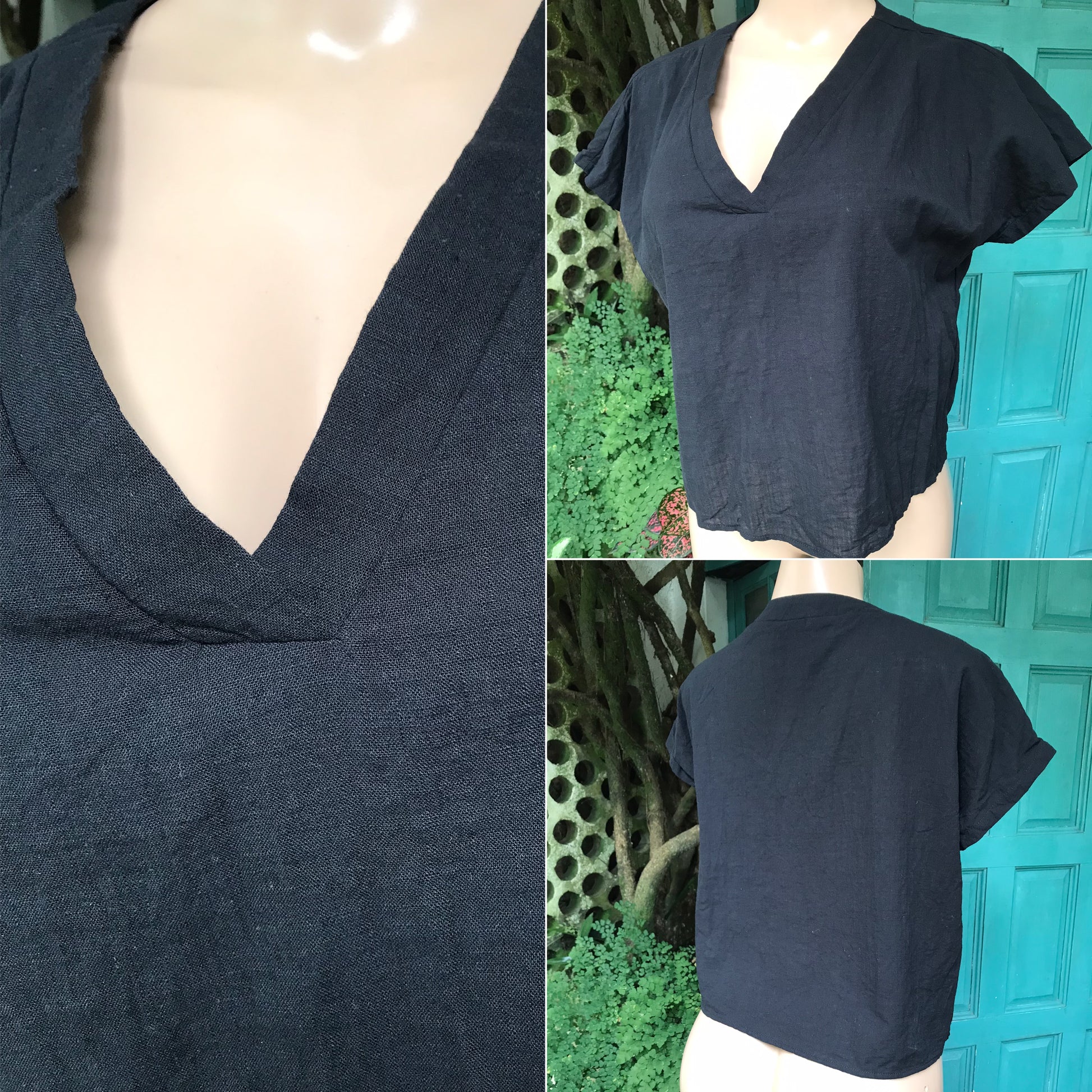 Organic black v cut minimal blouse ... L ,,,