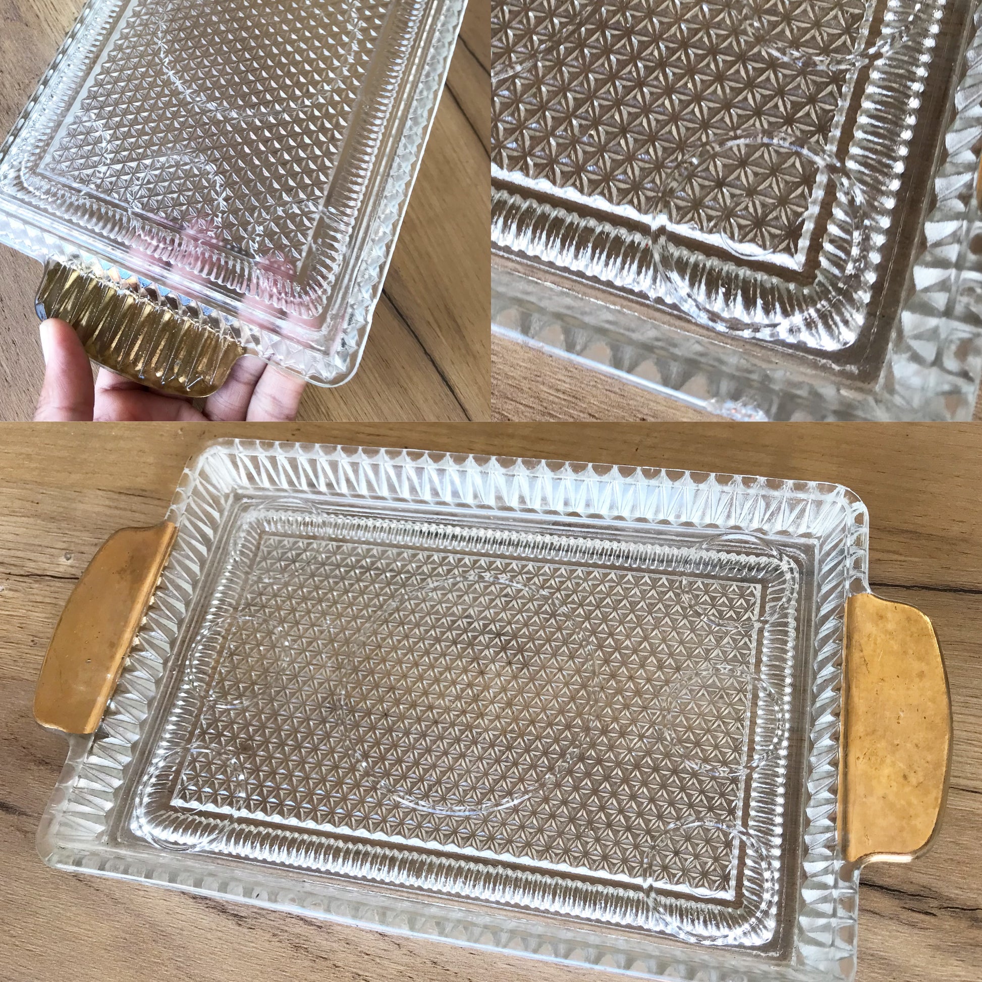 Vintage heavy duty glass & gold trinket tray +++