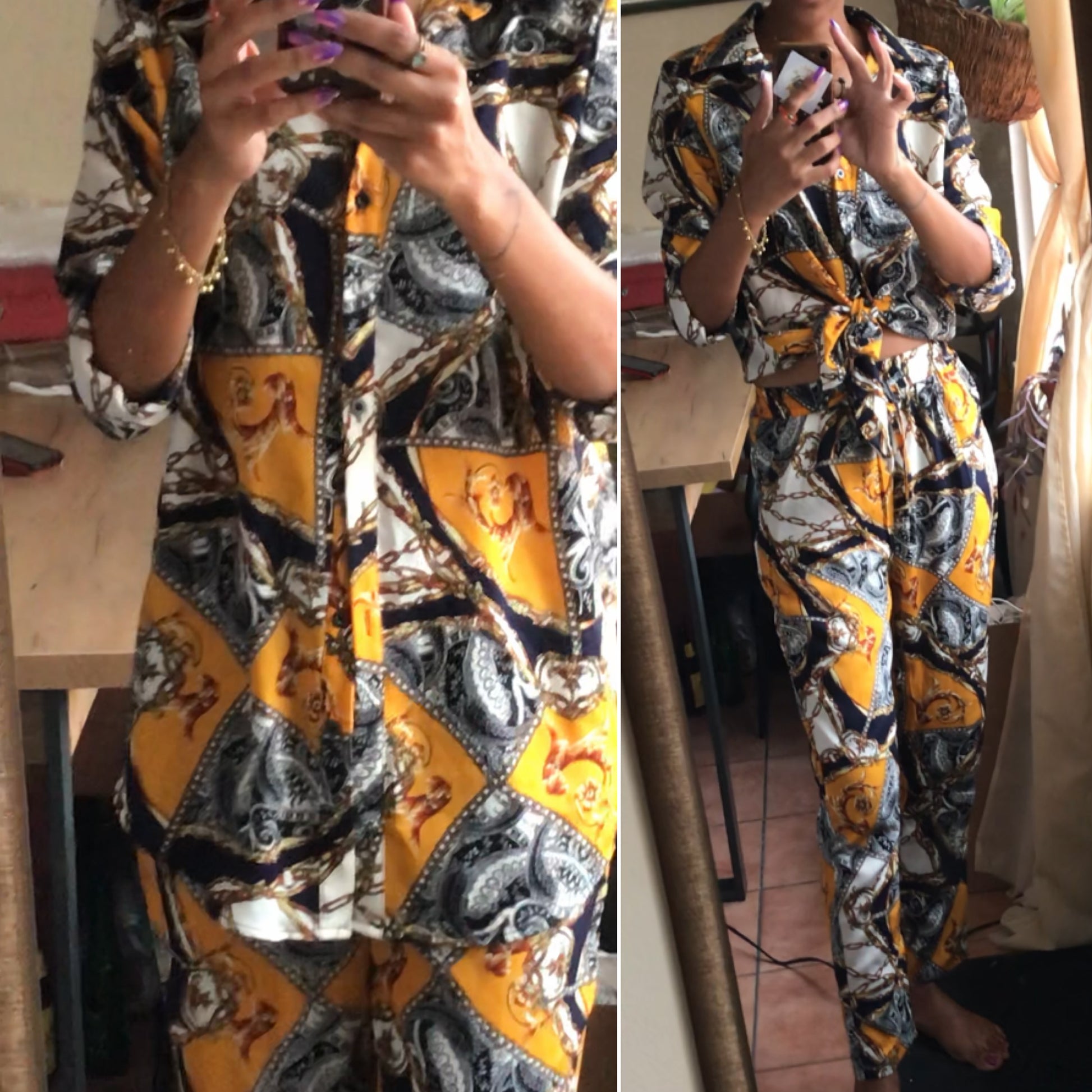 ornate yellow navy pants set ... s/m