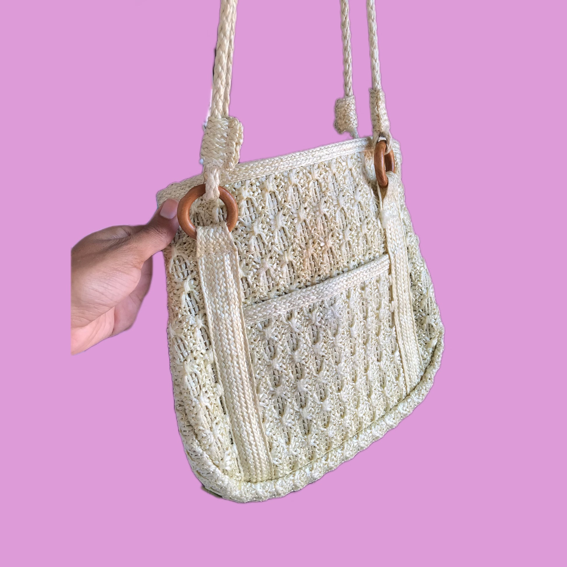 Vintage cream woven boho shoulder bag ^^^