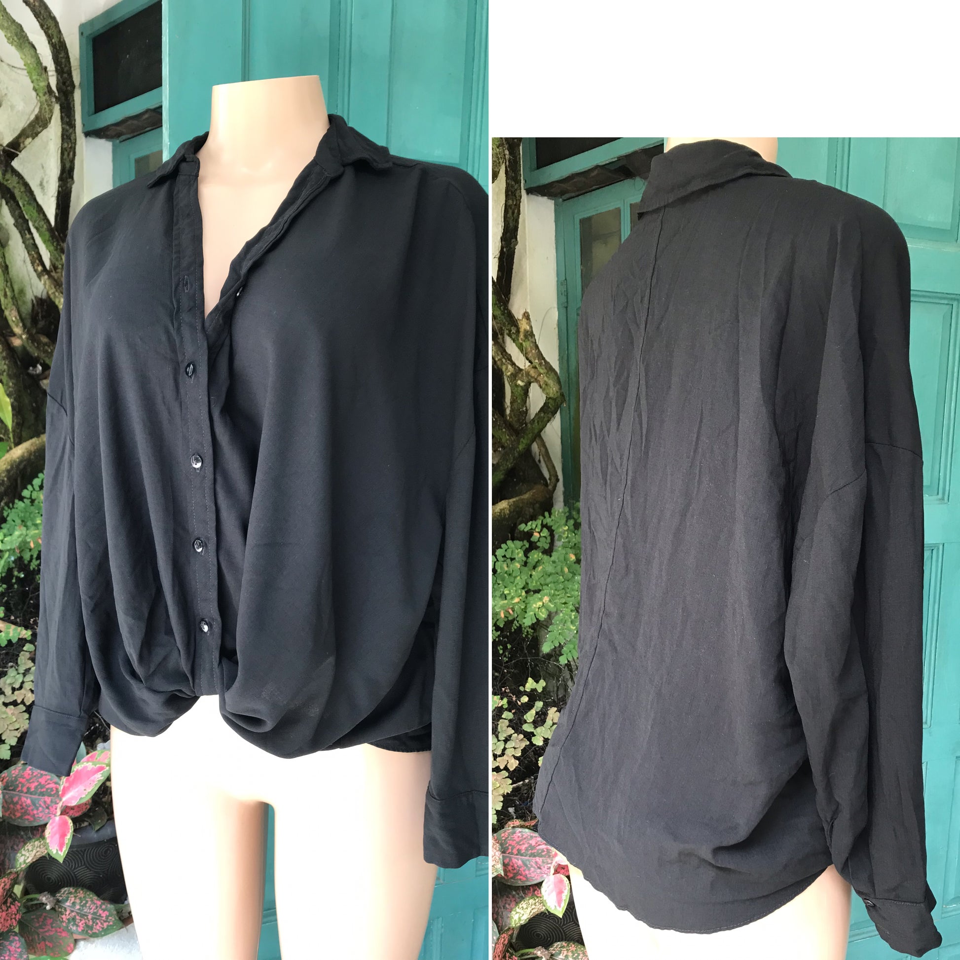 black button shirt work/play knot front /xl