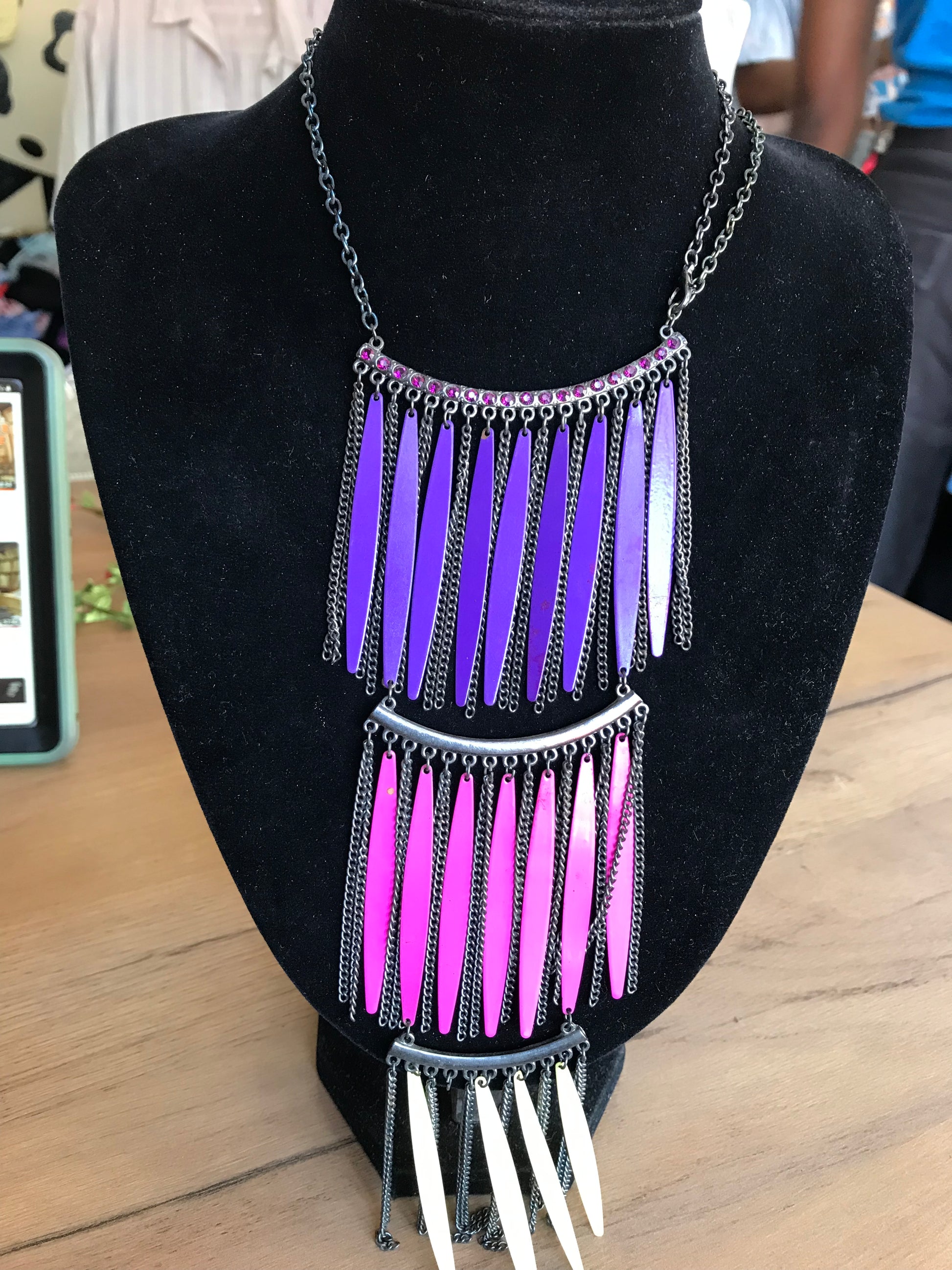 3 tier gunmetal necklace purple pink yellow *** alloy