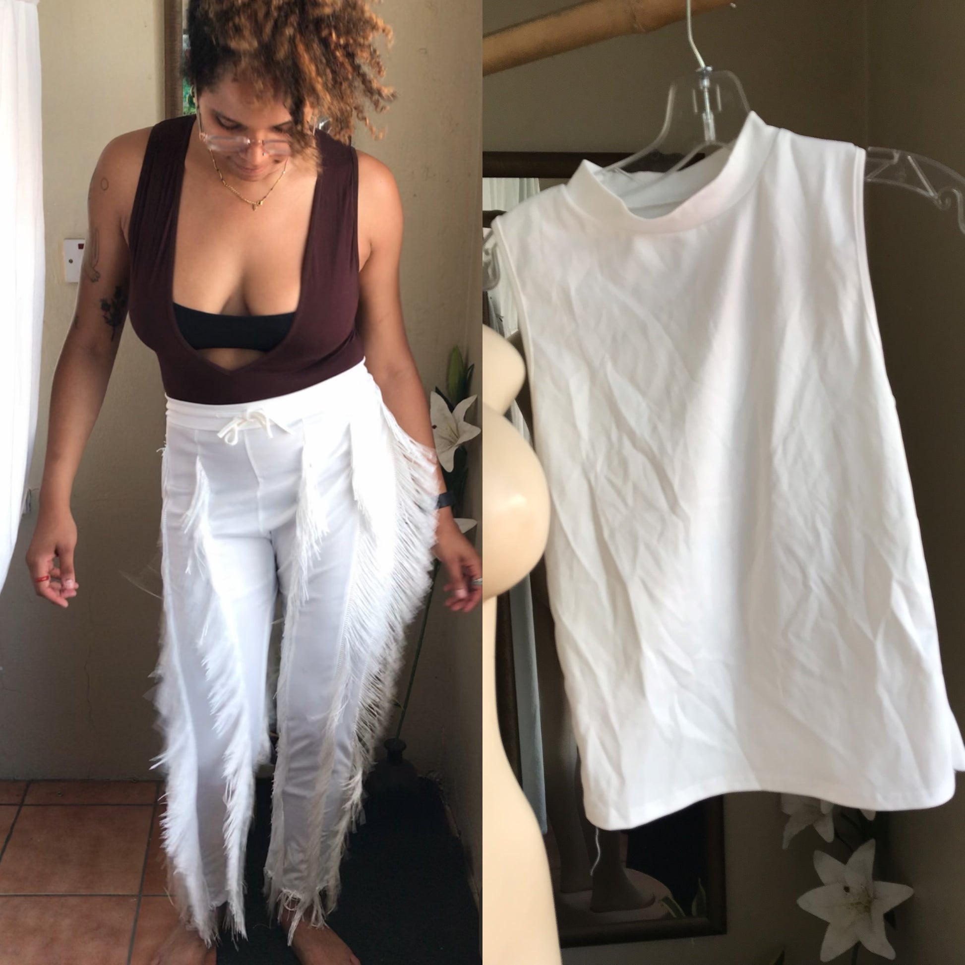 stretchy white fringe pants set ::: .... M/L