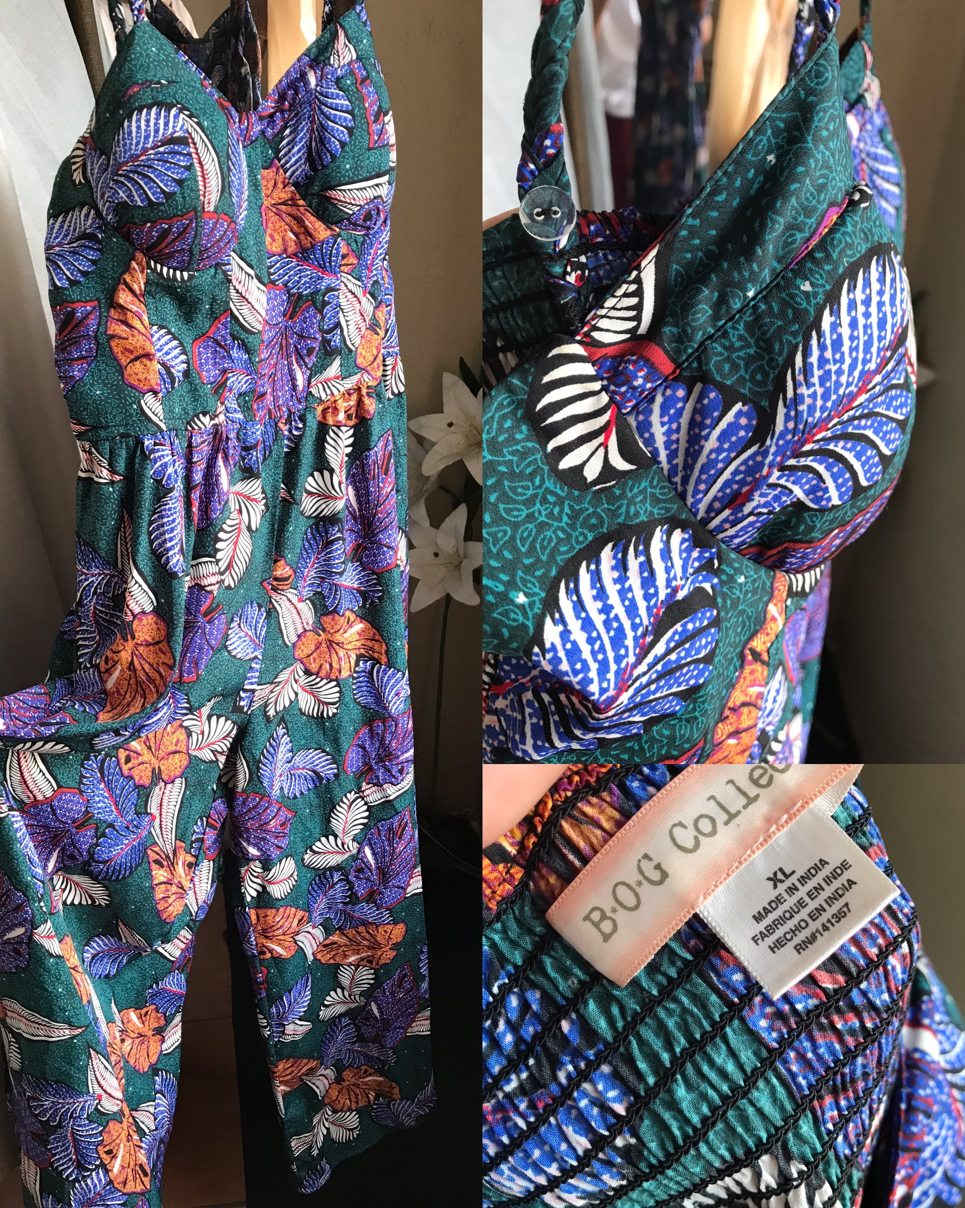 deep green wide leg leaf jumpsuit spaghetti ~~~ /xl