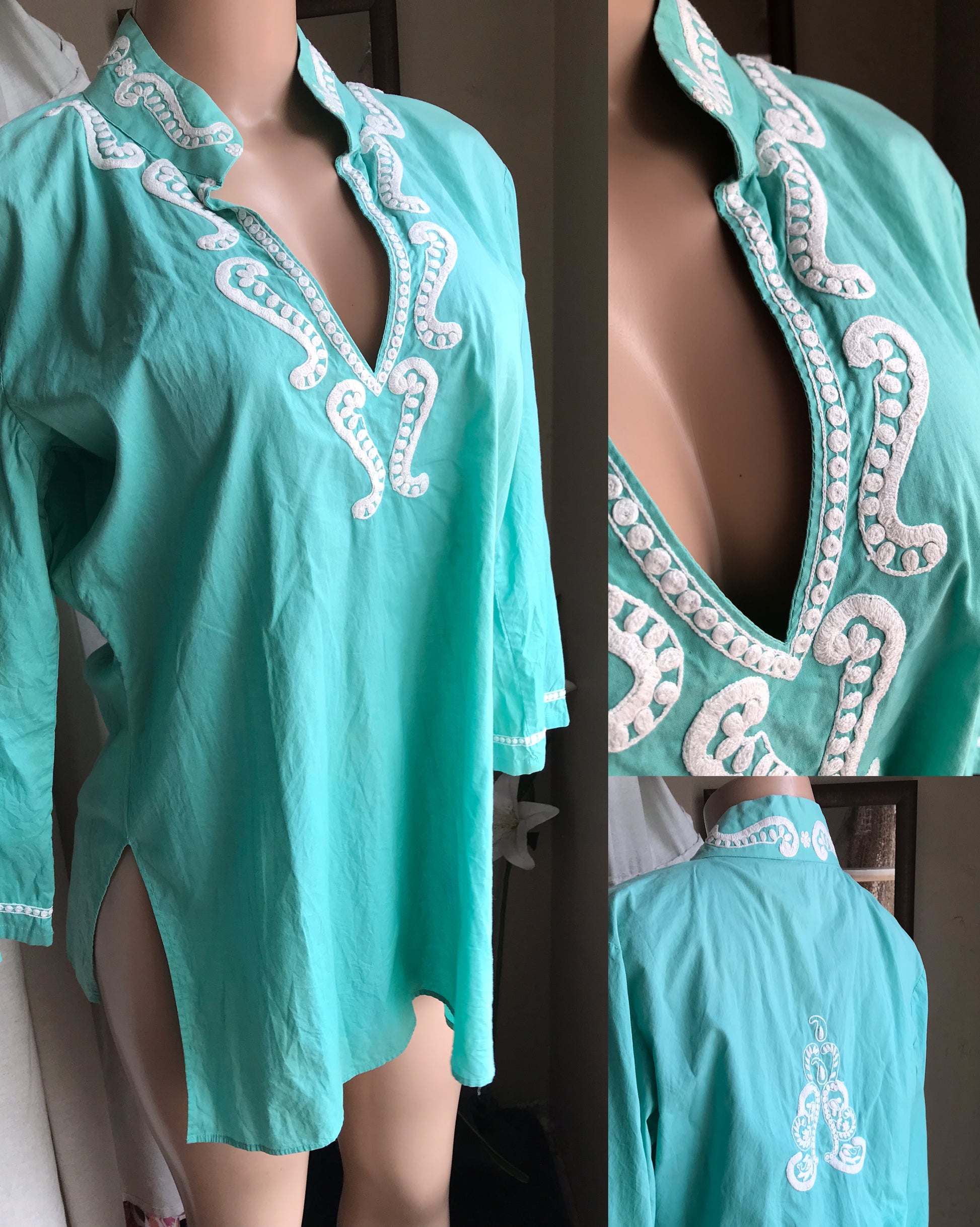 100% cotton teal embroidery long sleeve blouse ... L