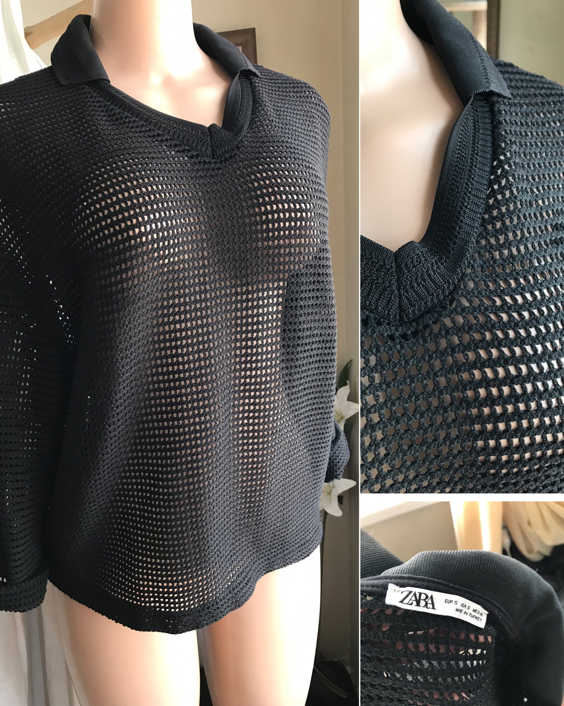 zara mens mesh black long sleeve top ... s