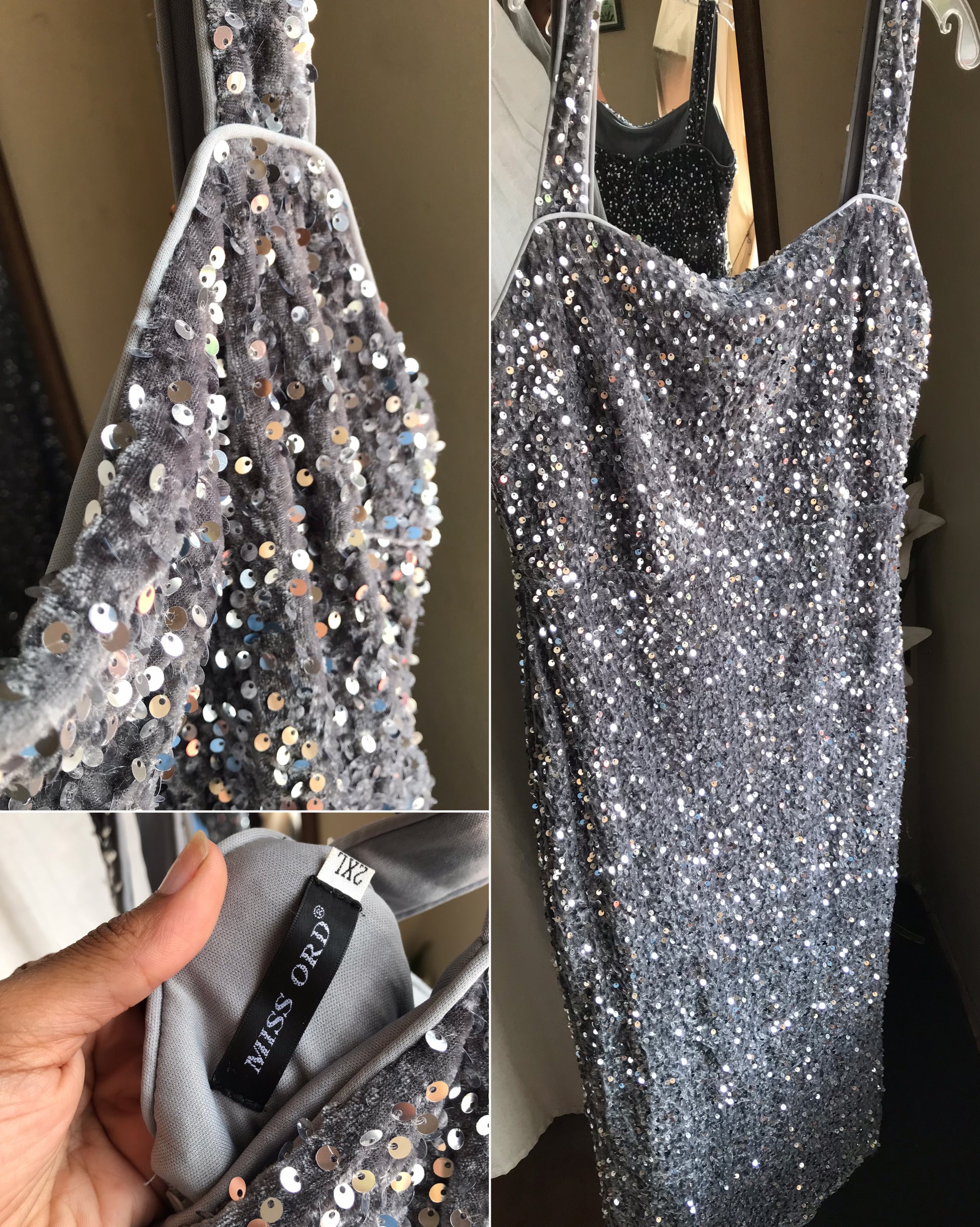soft touch silver sequin gown maxi dress with back slit  plus : 2x