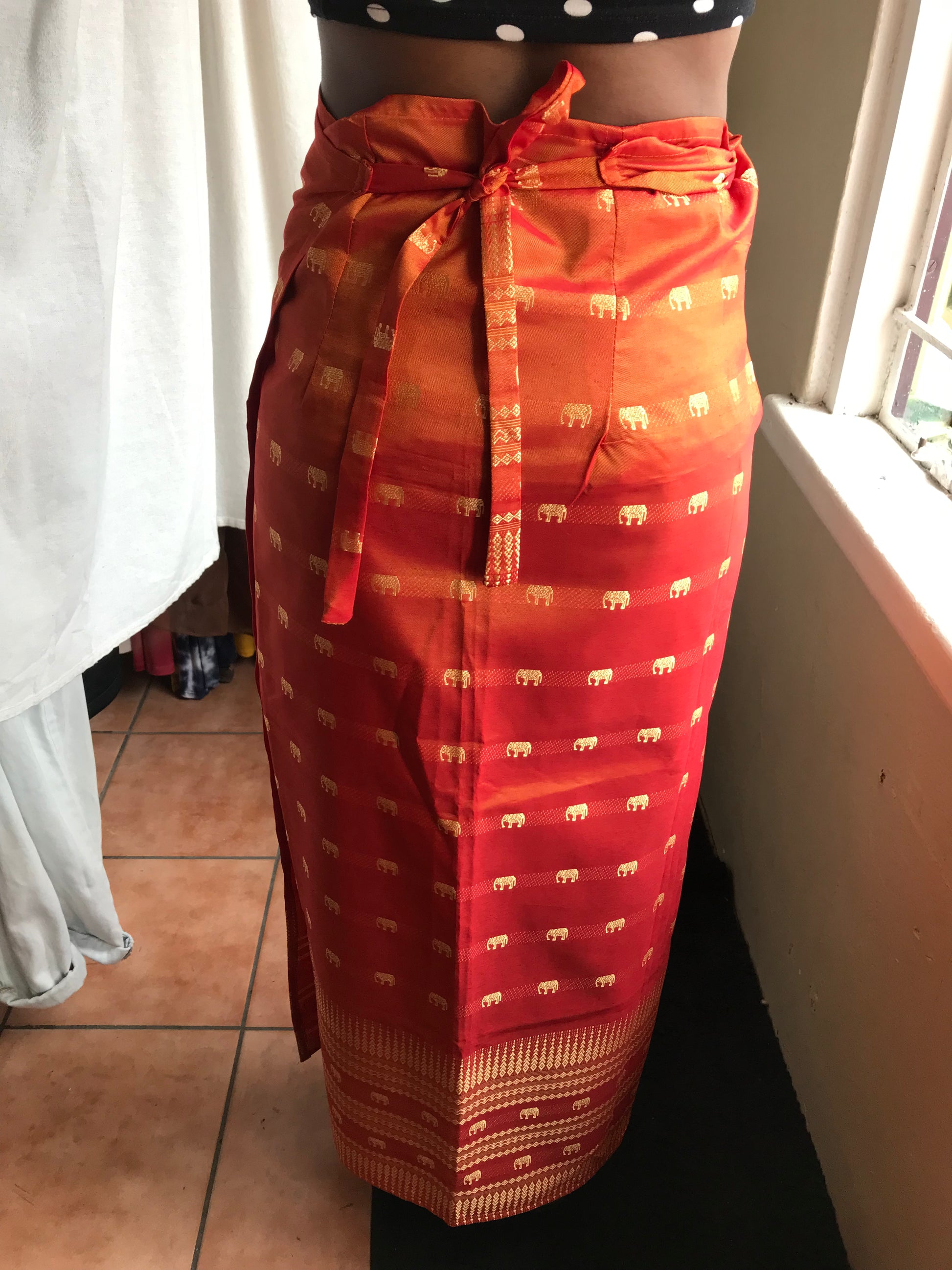 Thai Silk Orange elephant print wrap skirt one size