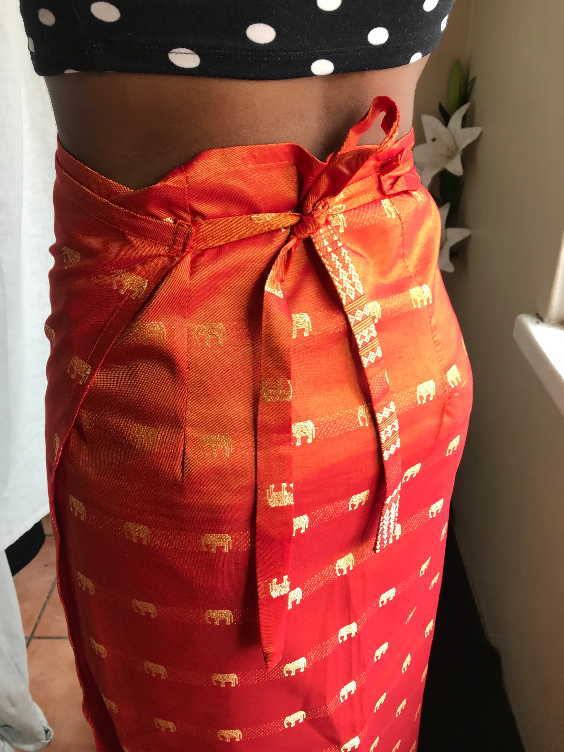 Thai Silk Orange elephant print wrap skirt one size