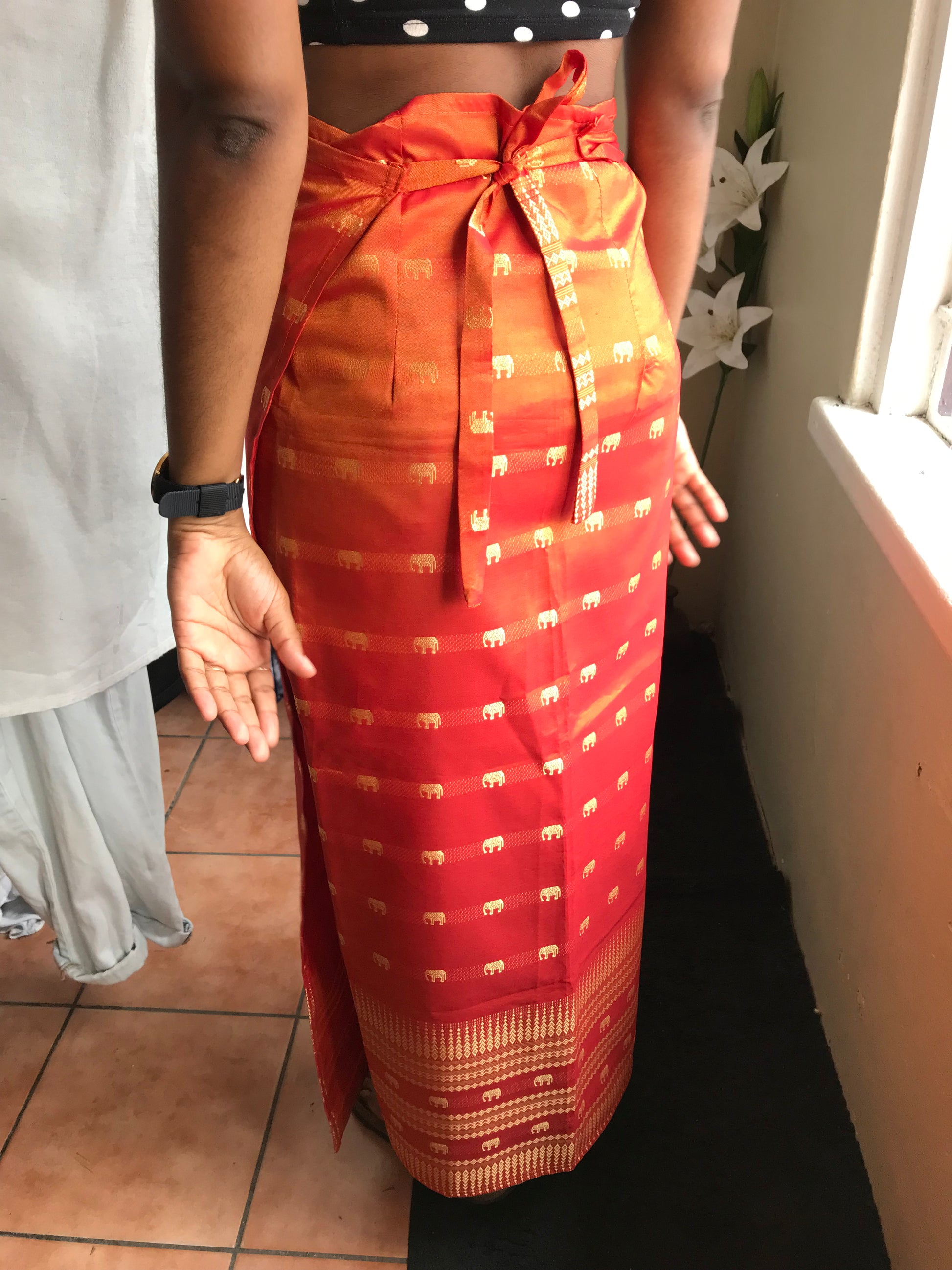 Thai Silk Orange elephant print wrap skirt one size