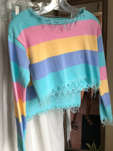 Pastel frayed edge stripe skirt set long sleeve knit... s/m