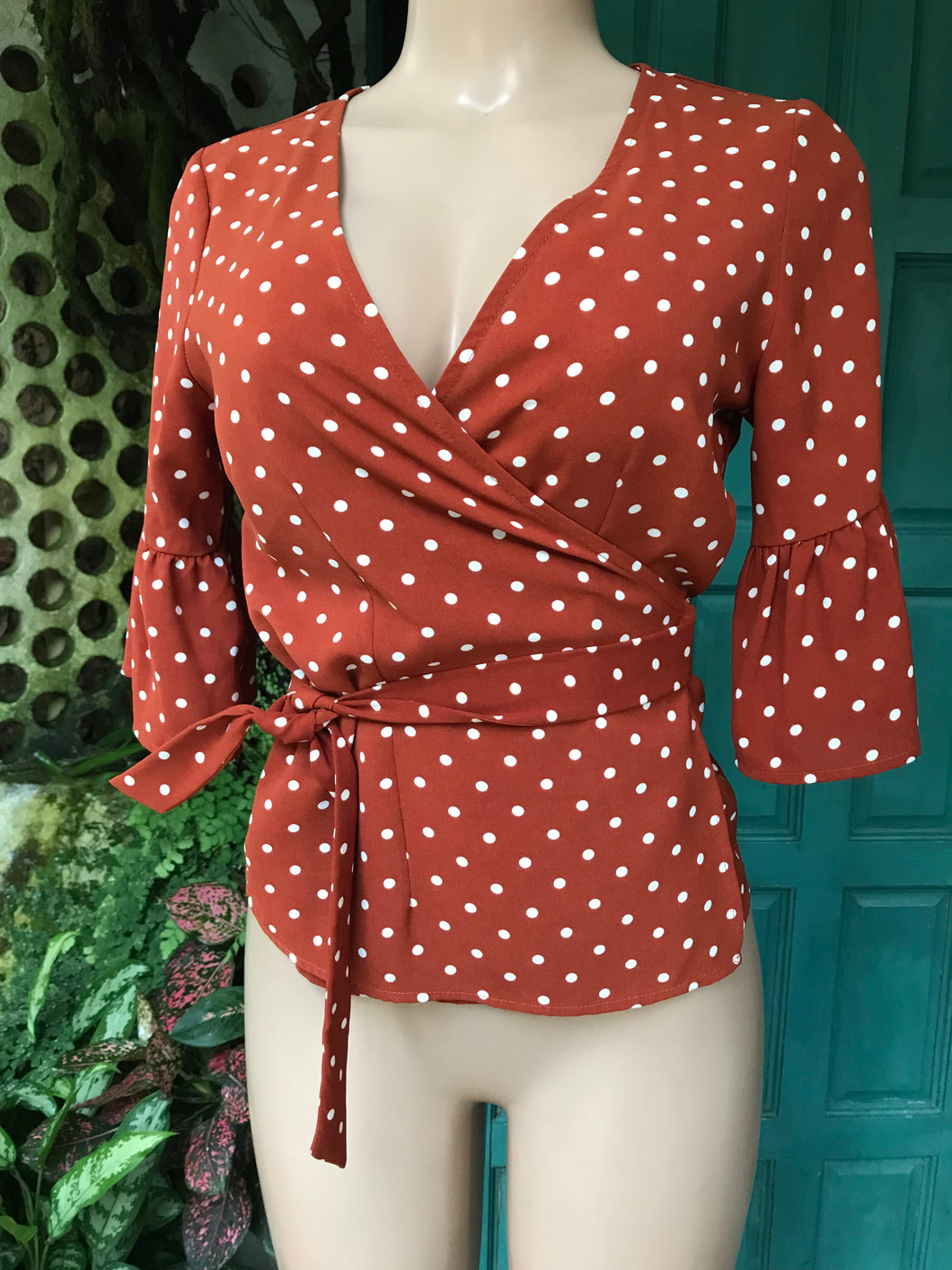 Rust polka wrap bell sleeve professional blouse... S/M