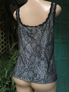 vintage black and silver ornate pattern sleeveless top... /XL