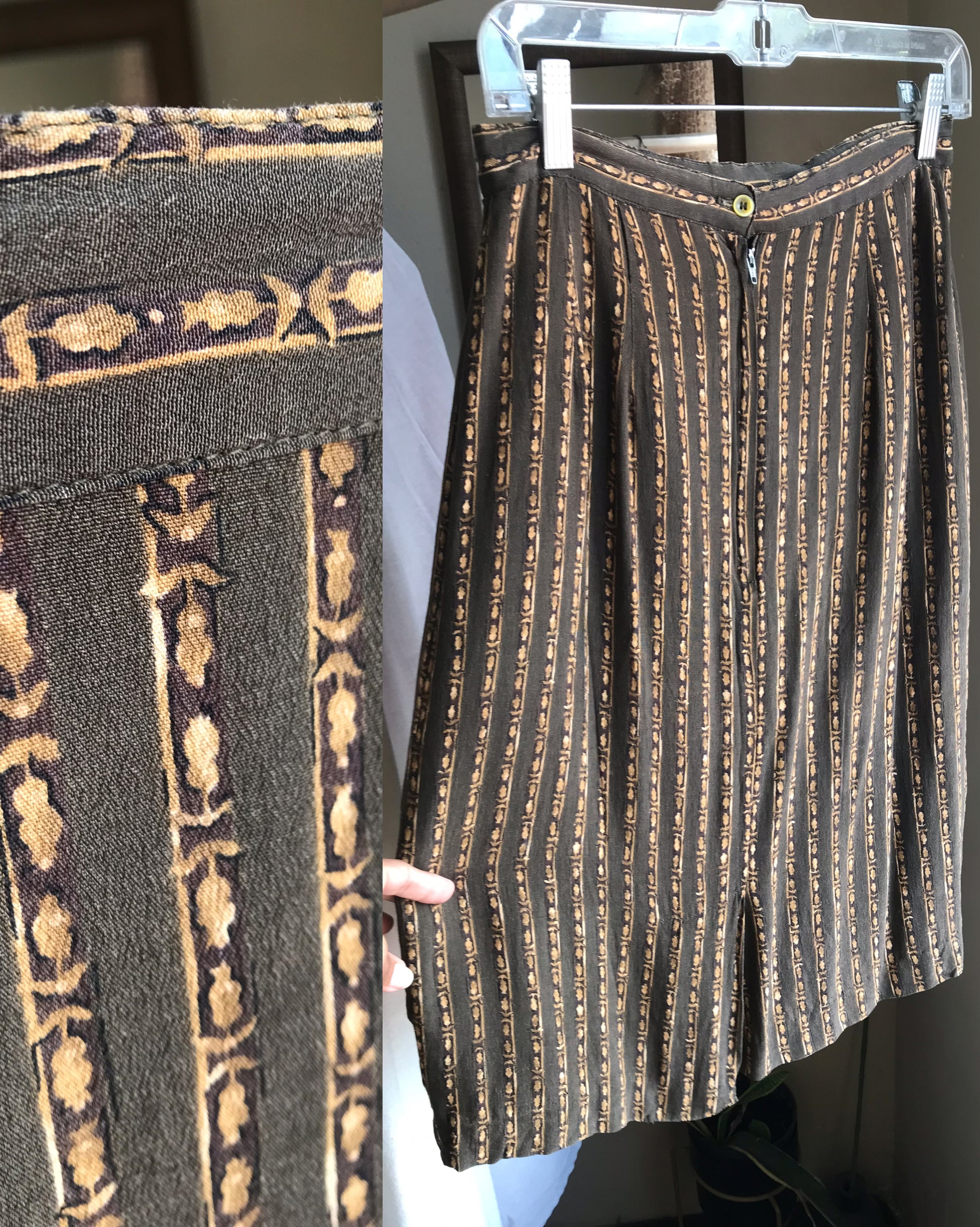 vintage earth tone print silk midi skirt . small ,,, silk