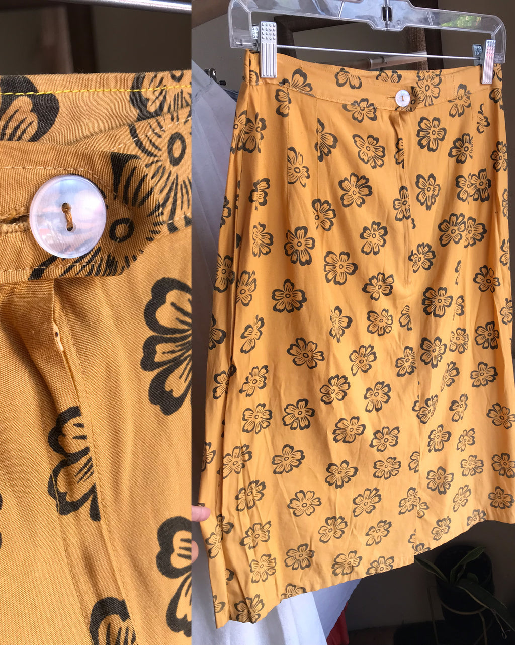 vintage mustard flower print midi skirt . xs/ ,,, cotton