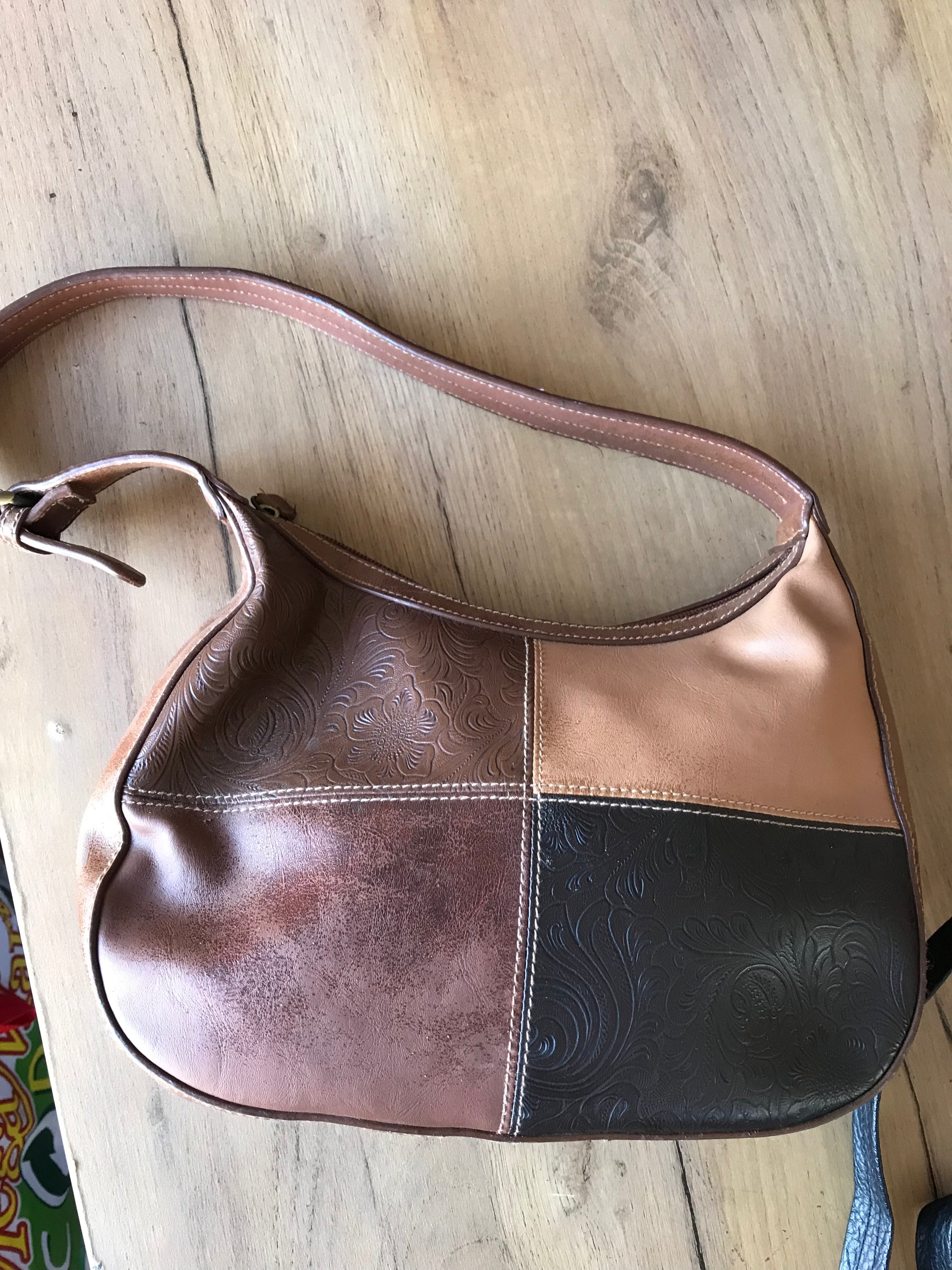 vintage leather brown patchwork shoulder bag ^^^