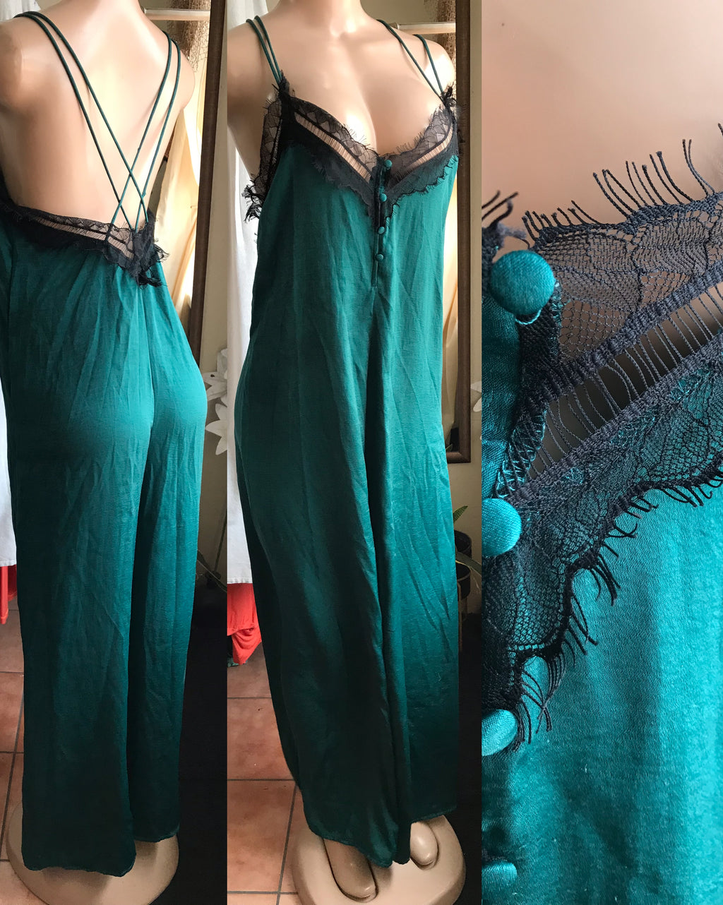 zara emerald green lace trim wide leg liquid jumpsuit ~~~ m to L