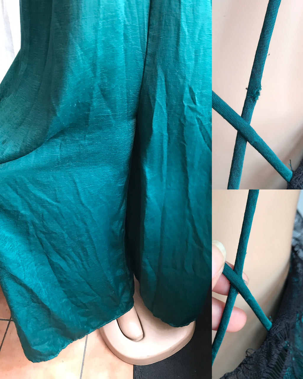 zara emerald green lace trim wide leg liquid jumpsuit ~~~ m to L