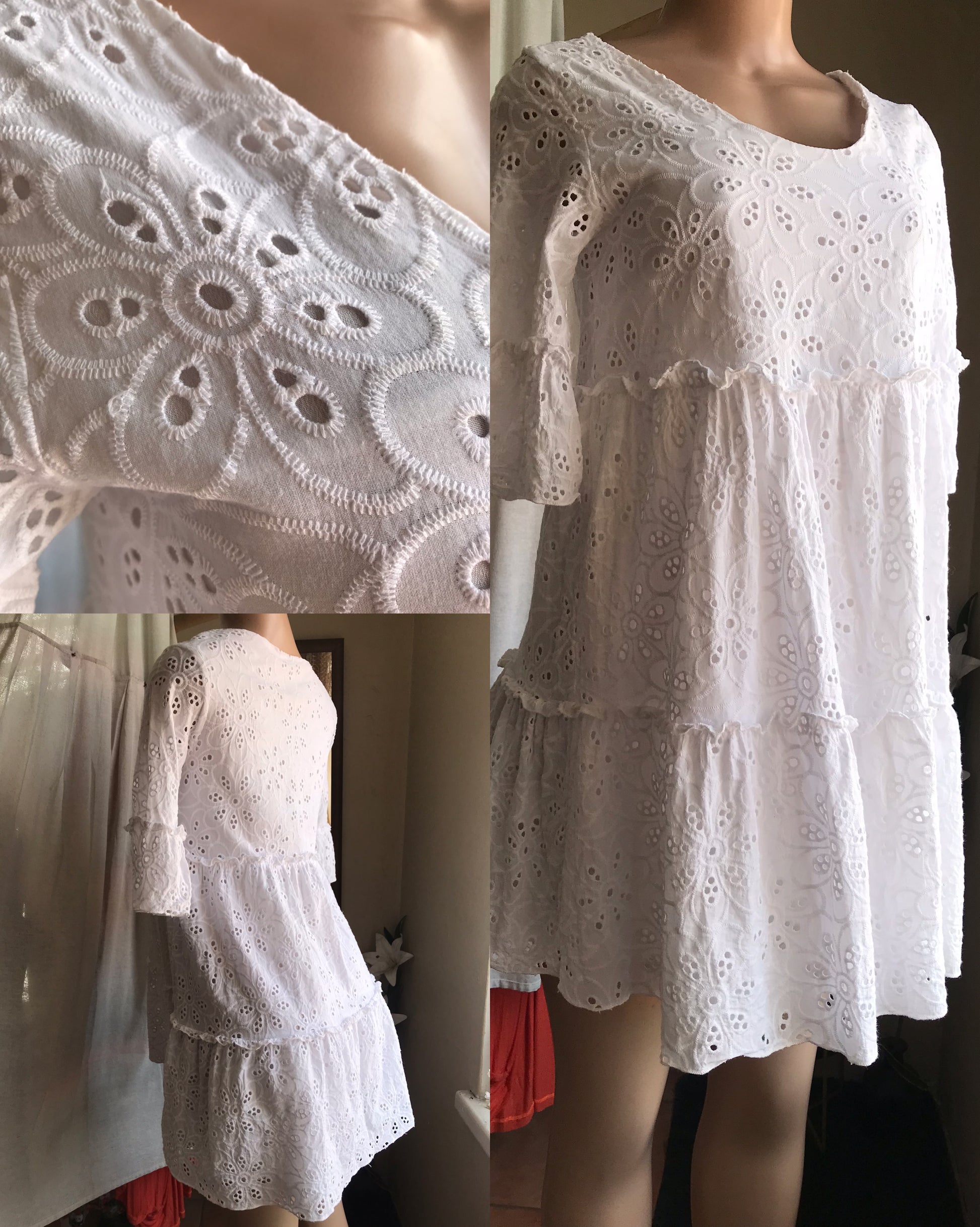 100% cotton white floral eyelet embroidery mini ruffle dress ,,, s/m