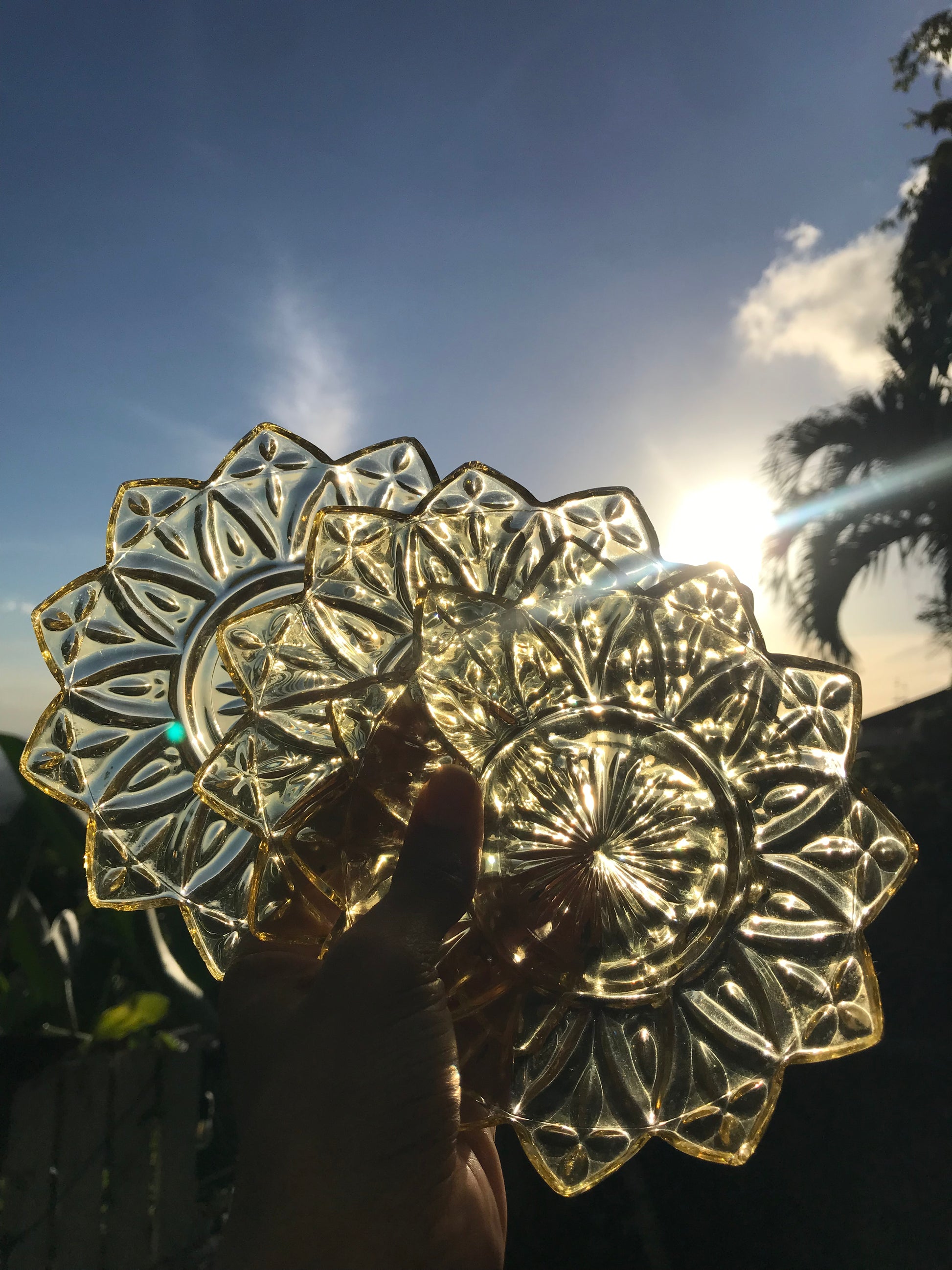 Set of 3 +++ vintage lotus flower glass dishes gold tone 6 inch Dia