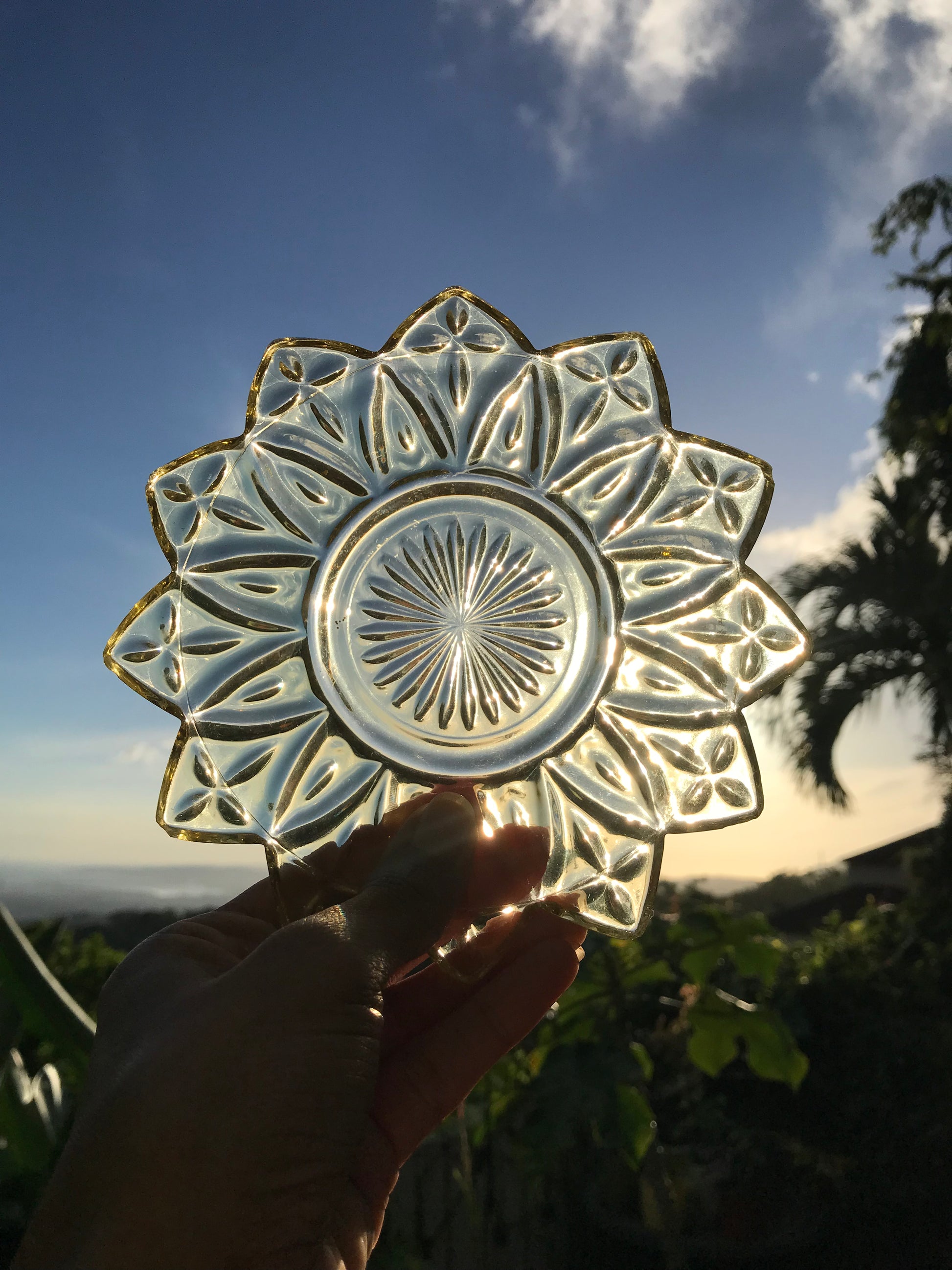 Set of 3 +++ vintage lotus flower glass dishes gold tone 6 inch Dia