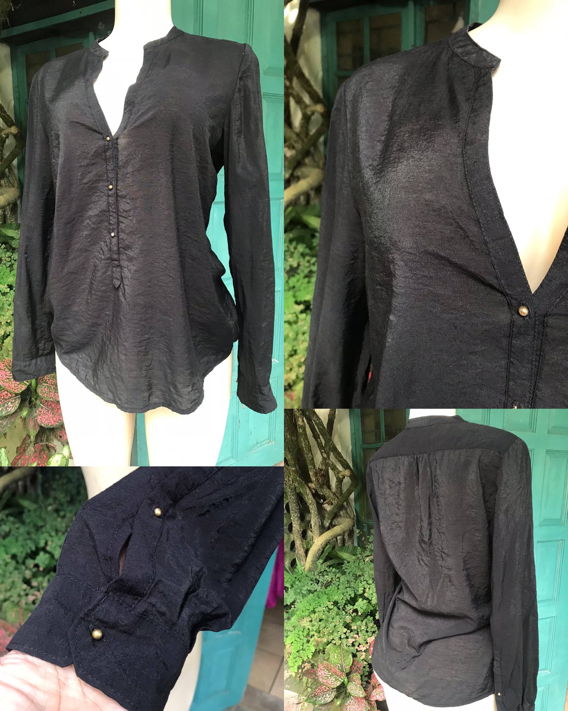 black sheen professional blouse gold bead button ... m