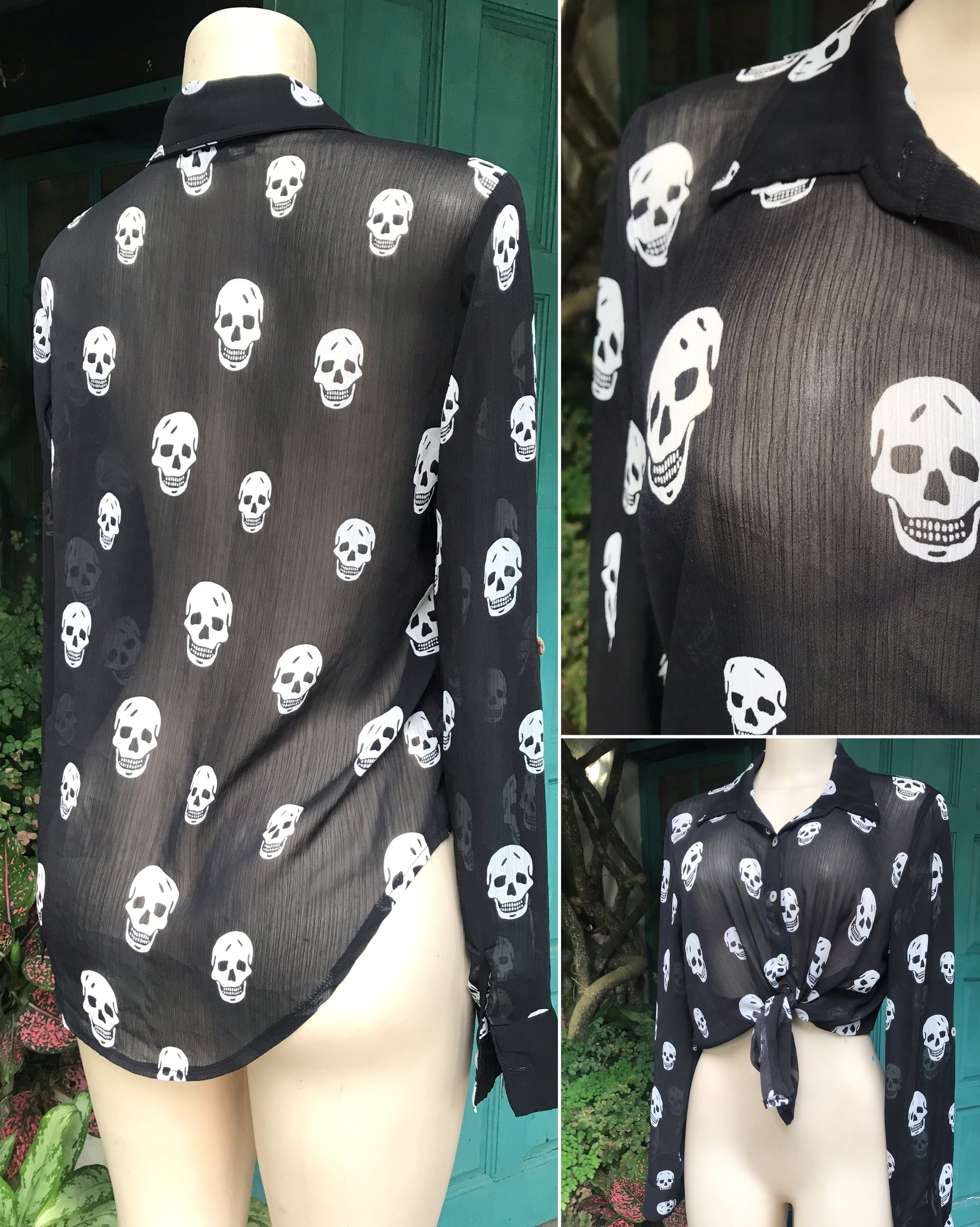 black sheer skull print punk button shirt ... L