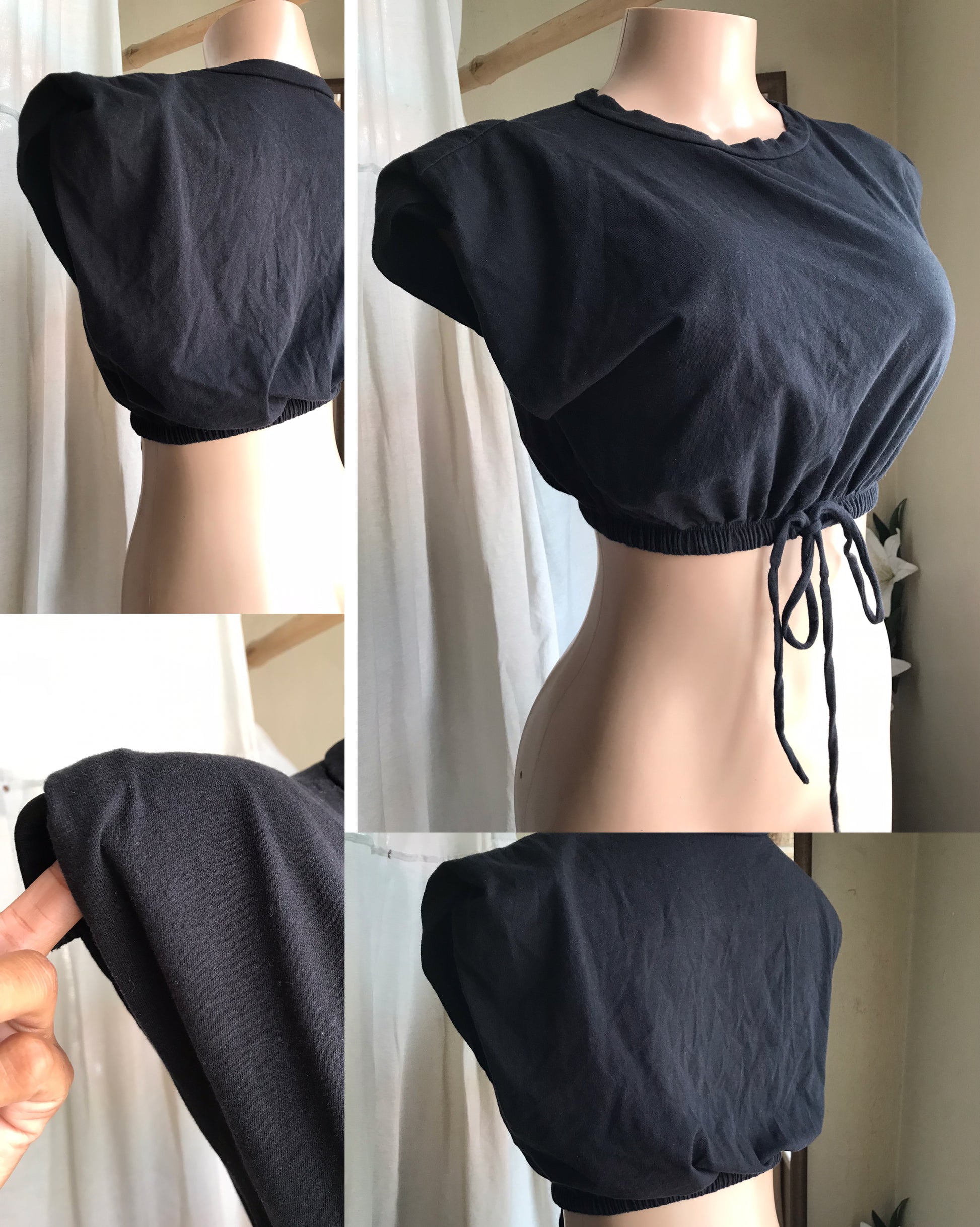 black jogger crop top draw string shoulder pads ... s to m