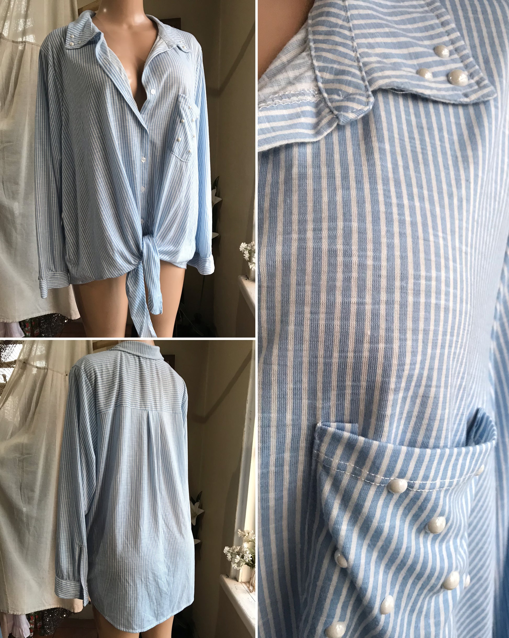 blue stripe pearl pocket tied long sleeve blouse plus /xl : 3x