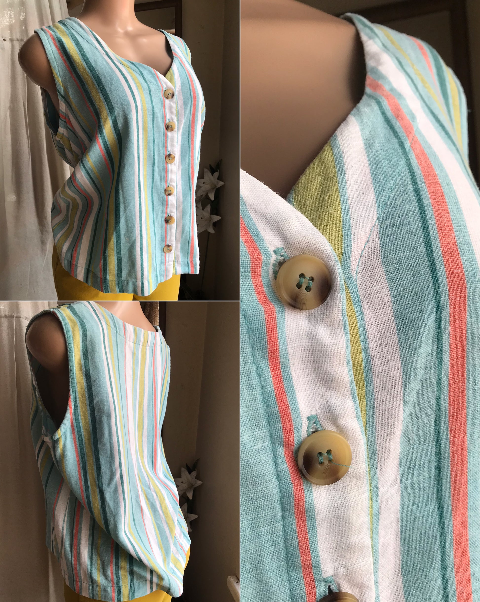 vintage linen blend candy stripe button sleeveless top ... /XL ,,, ^^^