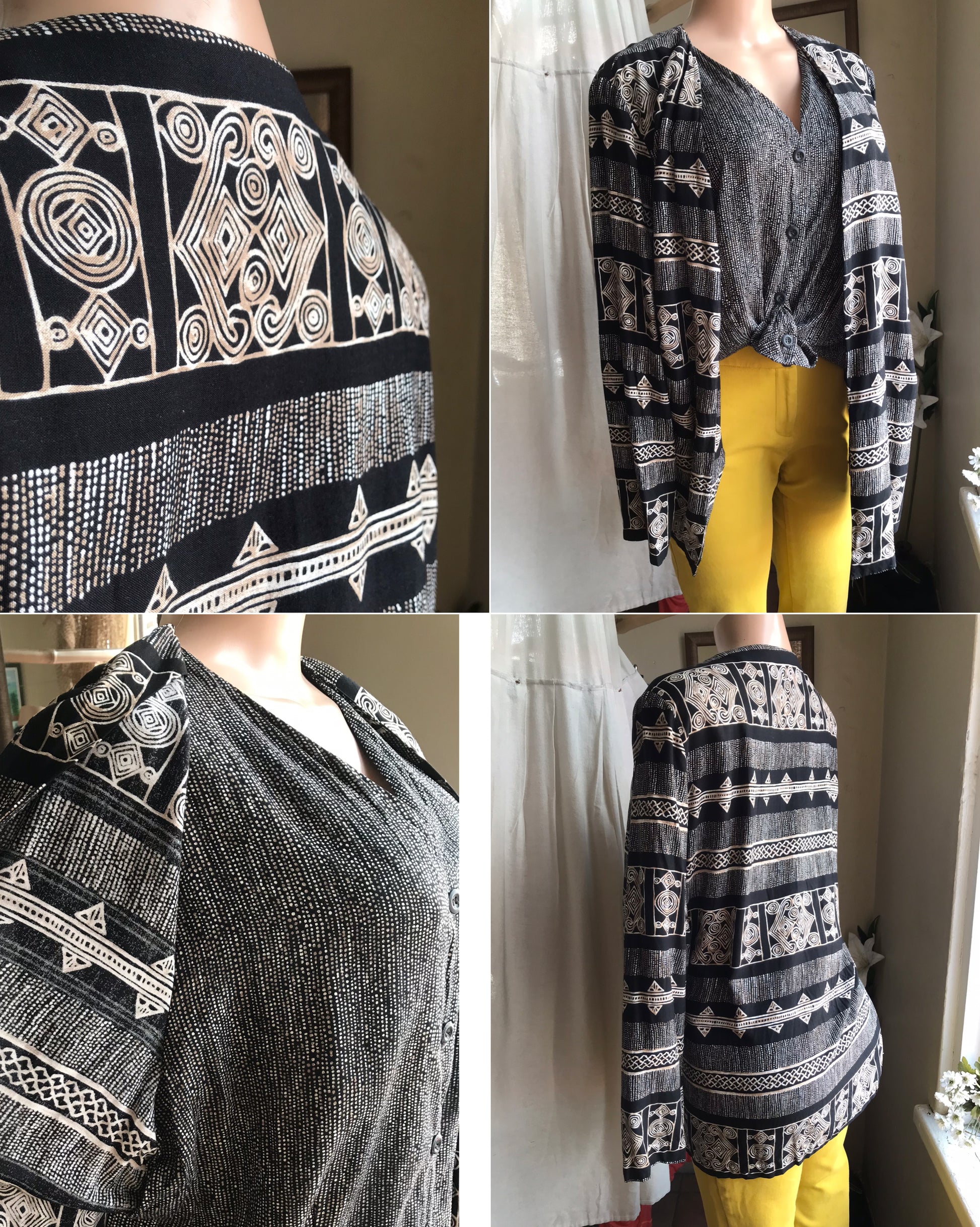 vintage tribal print monochrome long sleeve shirt with undershirt attached ... /xl ^^^
