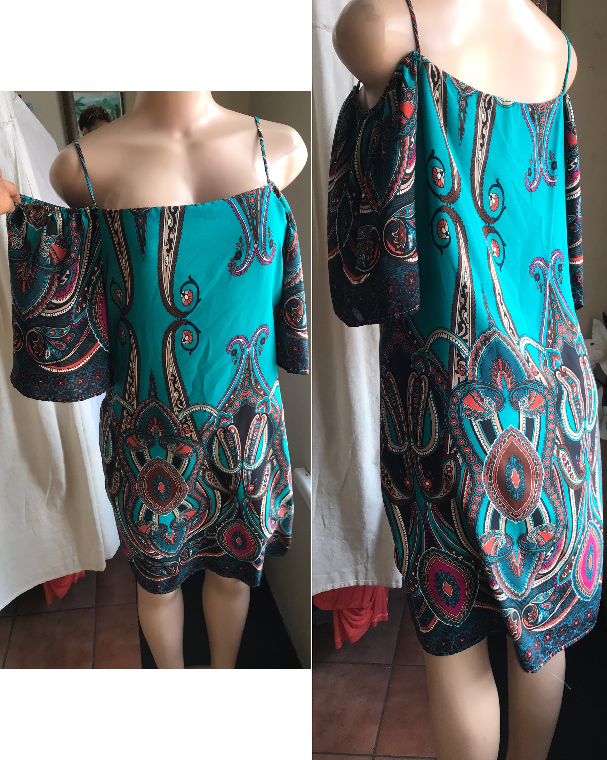 turquoise cold shoulder paisley print dress M to L