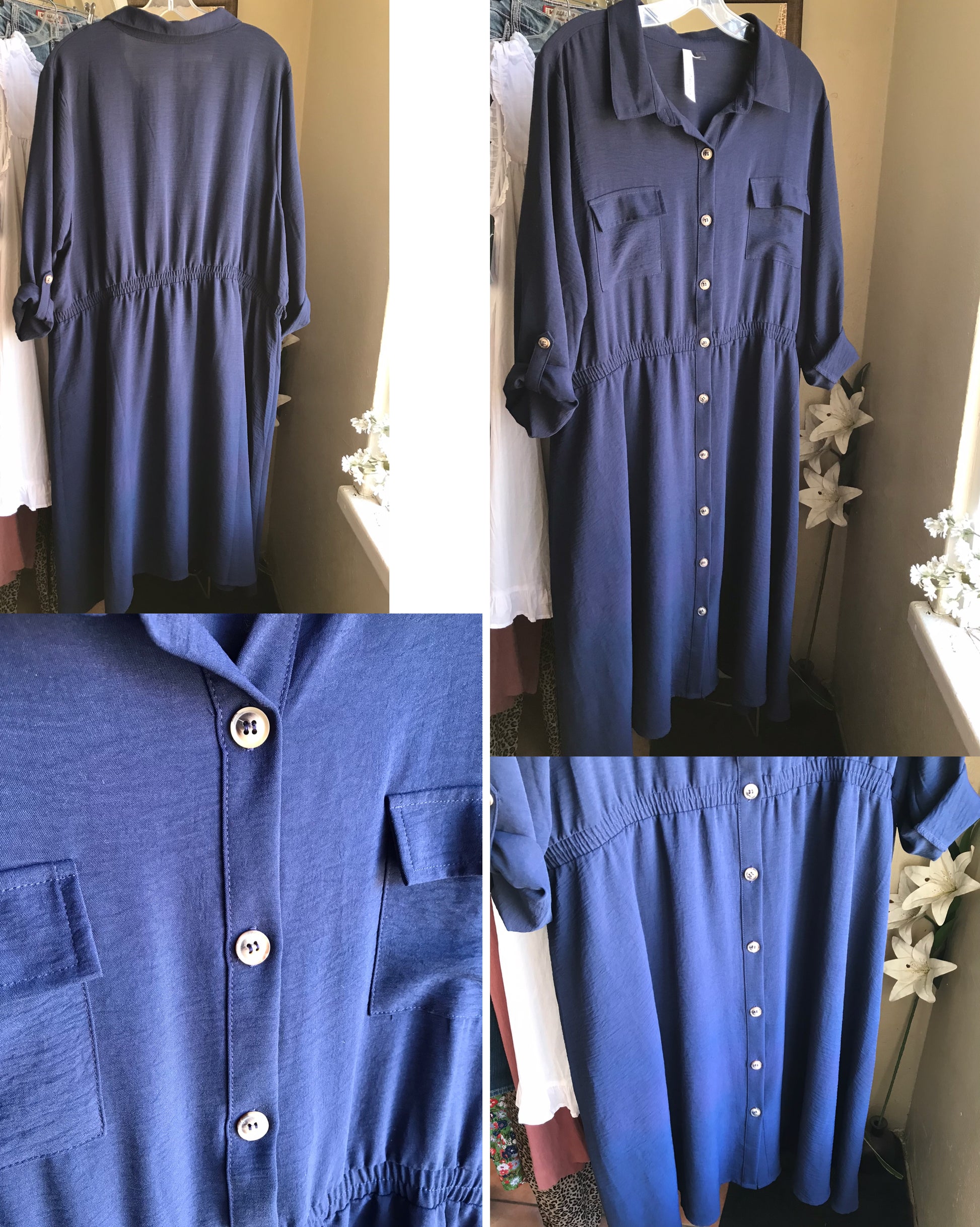 navy shirtdress button down cuffed plus /xl :  3x