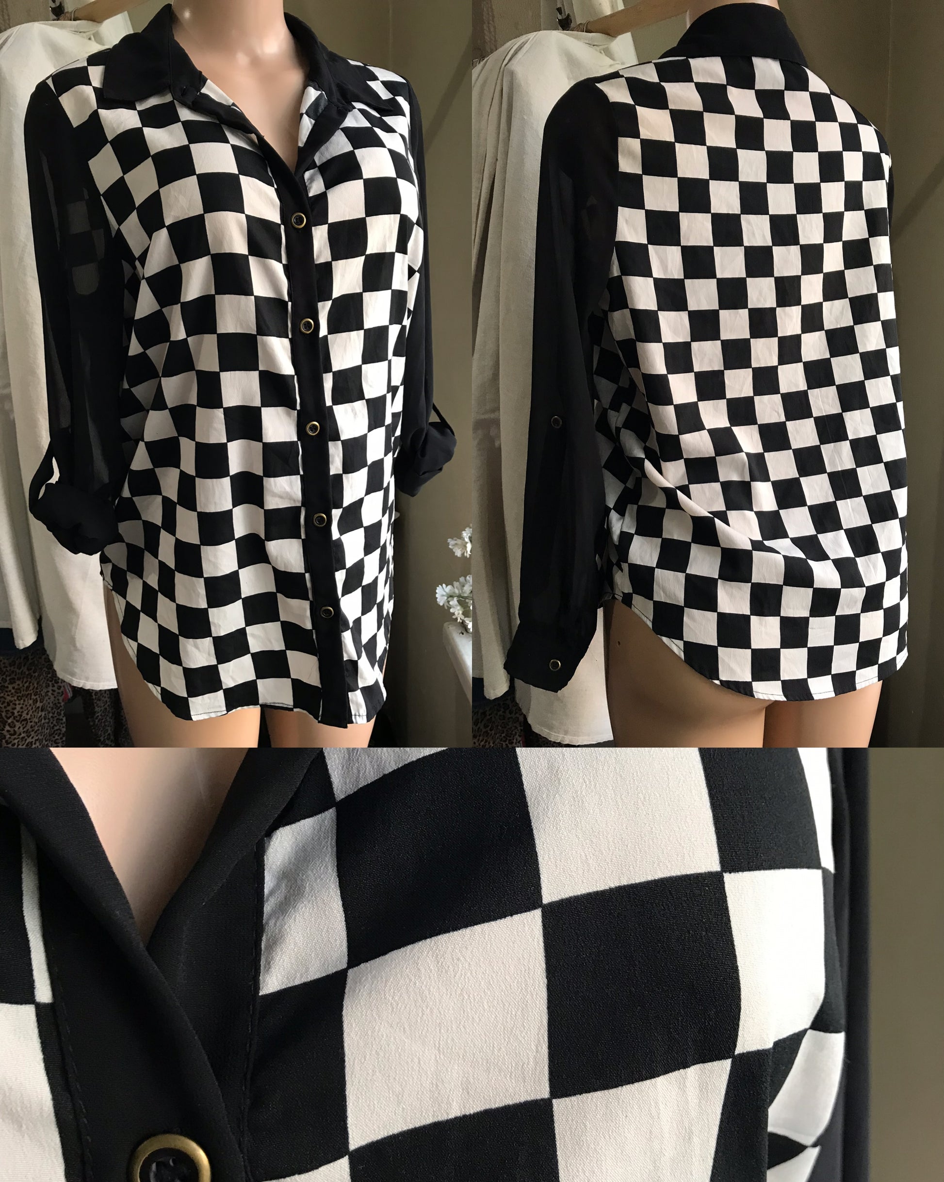 B&w checkerboard sheer button blouse work/play...  L
