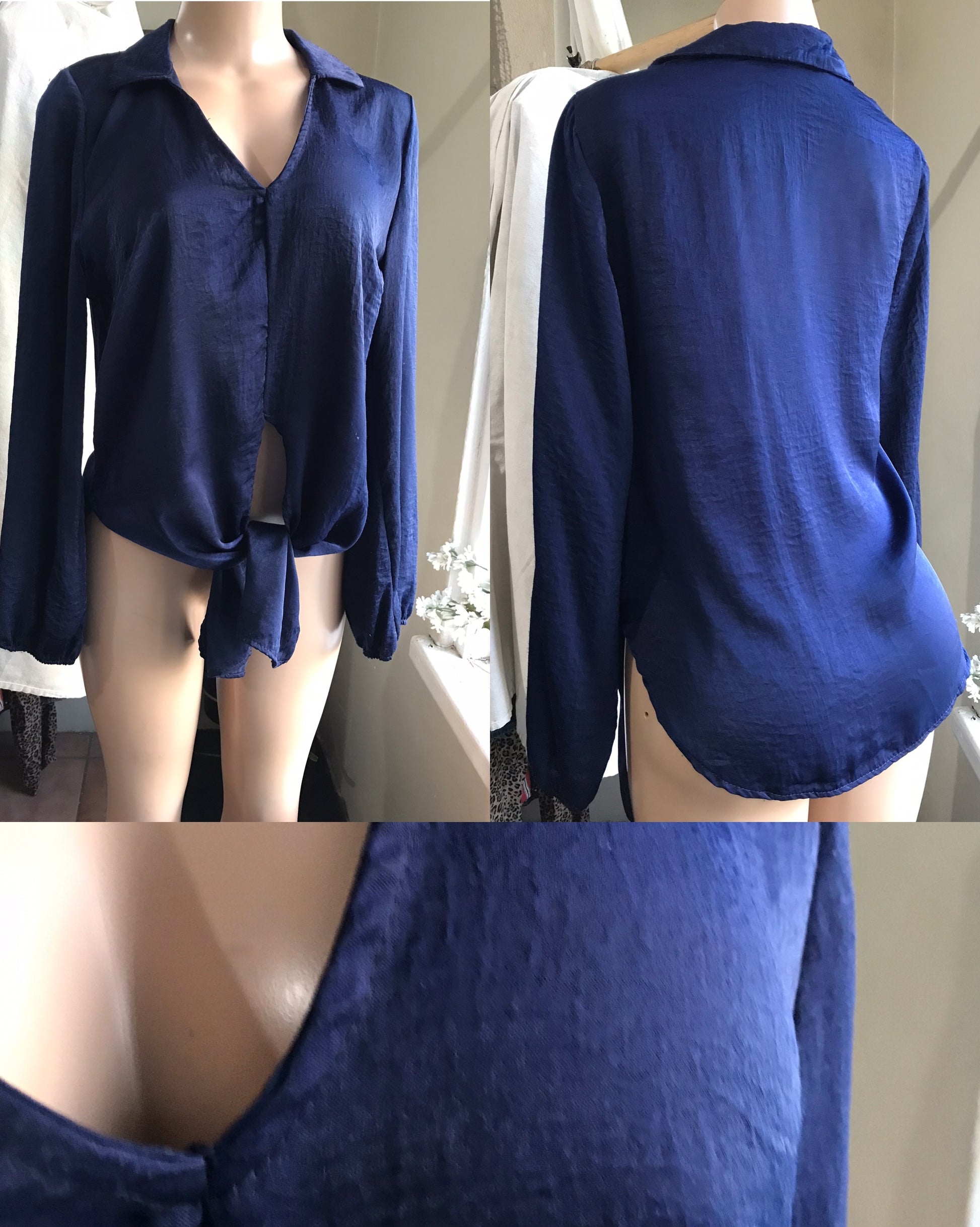 Navy silky front tie blouse work/play... m to L