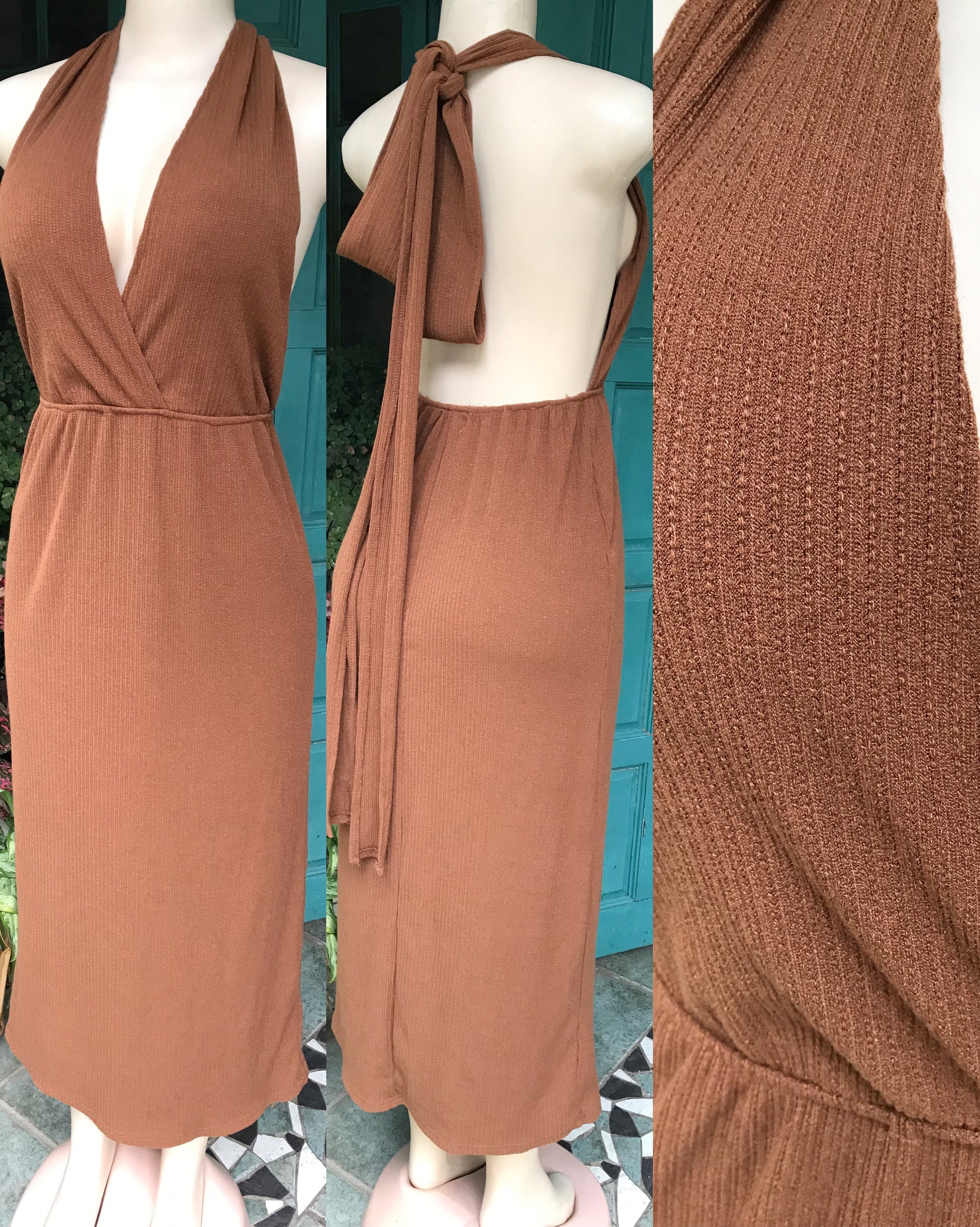 Brown Halter maxi Knit Dress . S/m