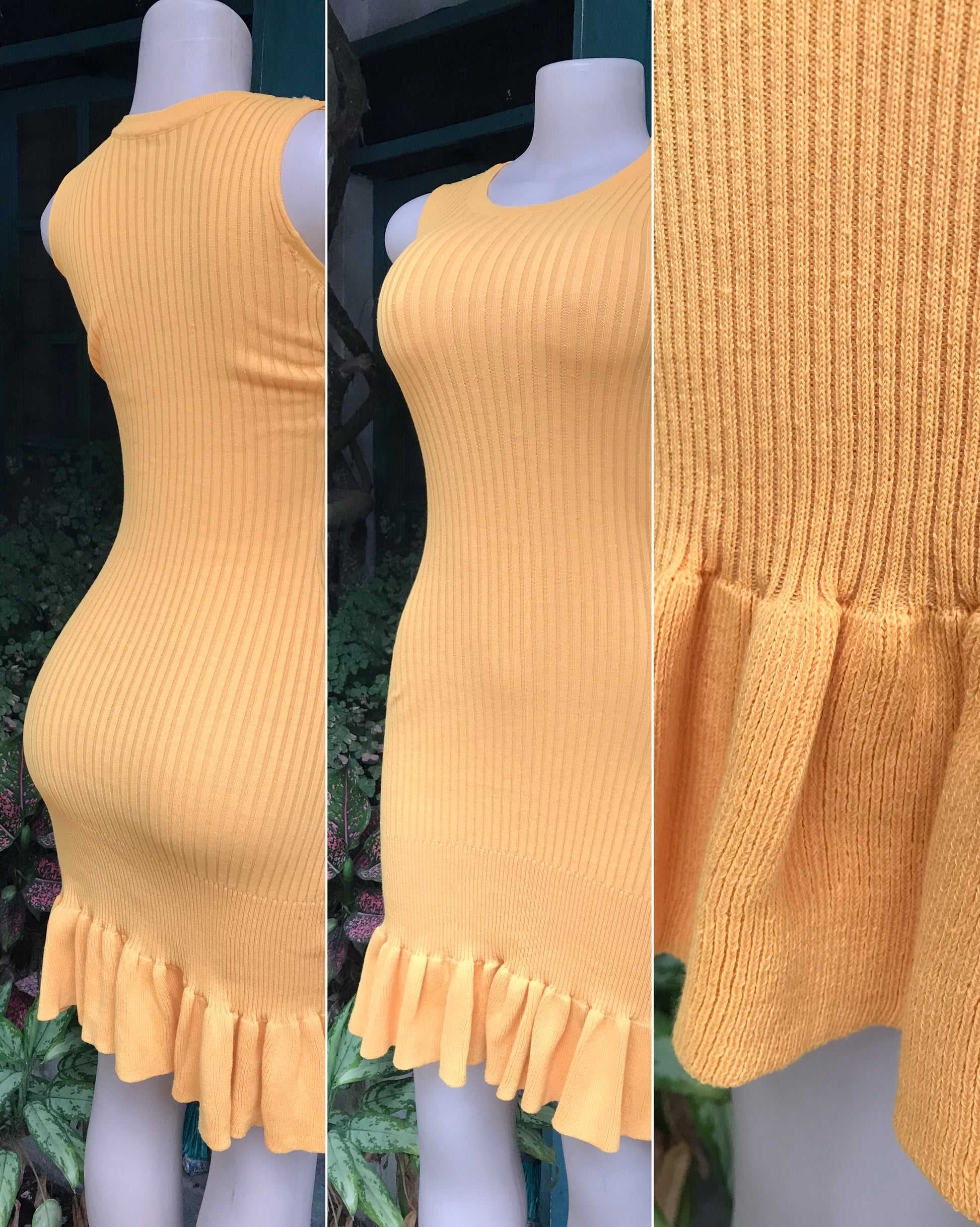 Yellow Sleeveless Knit Ruffle Bodycon Dress . S to m