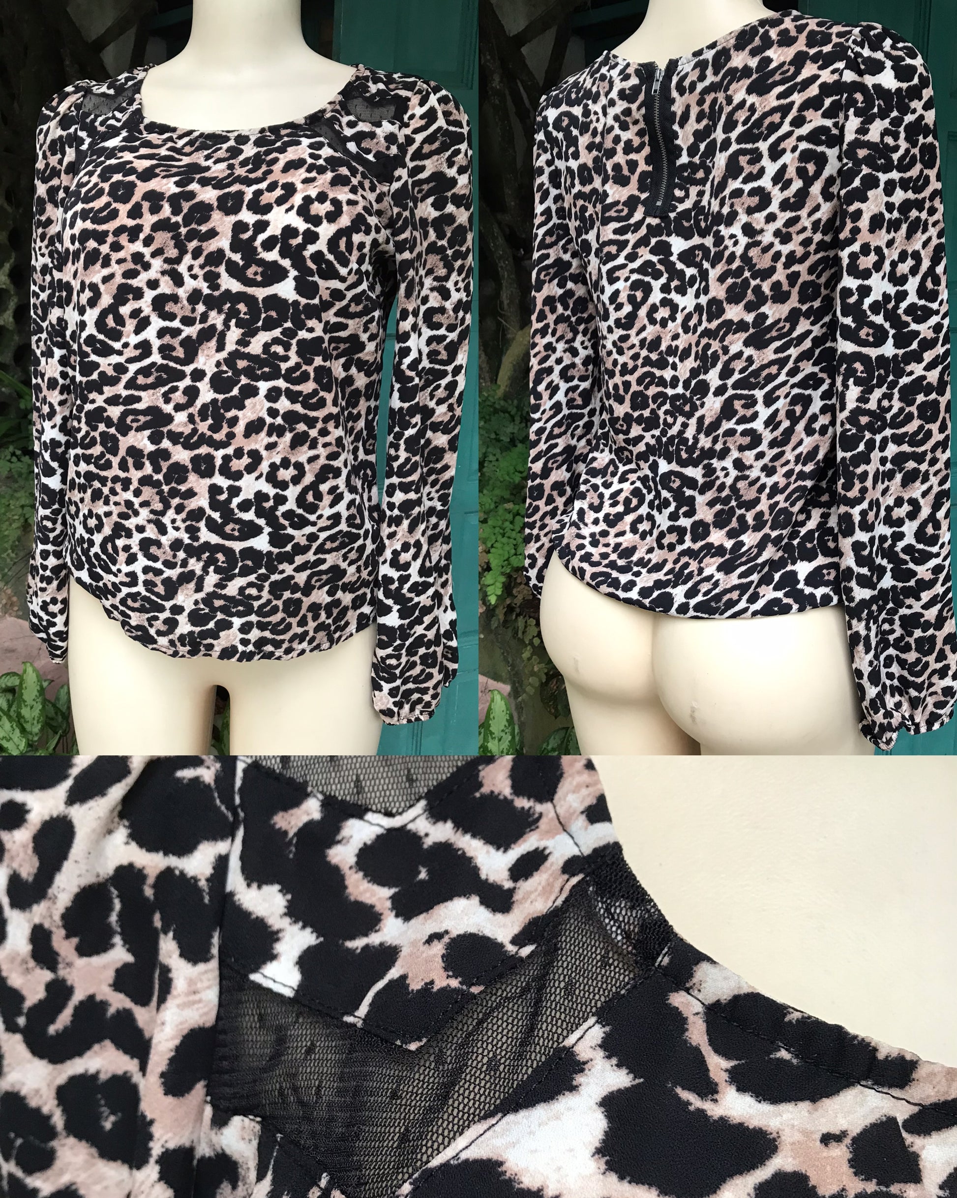 Cheetah mesh dets sheer blouse work/play...  M
