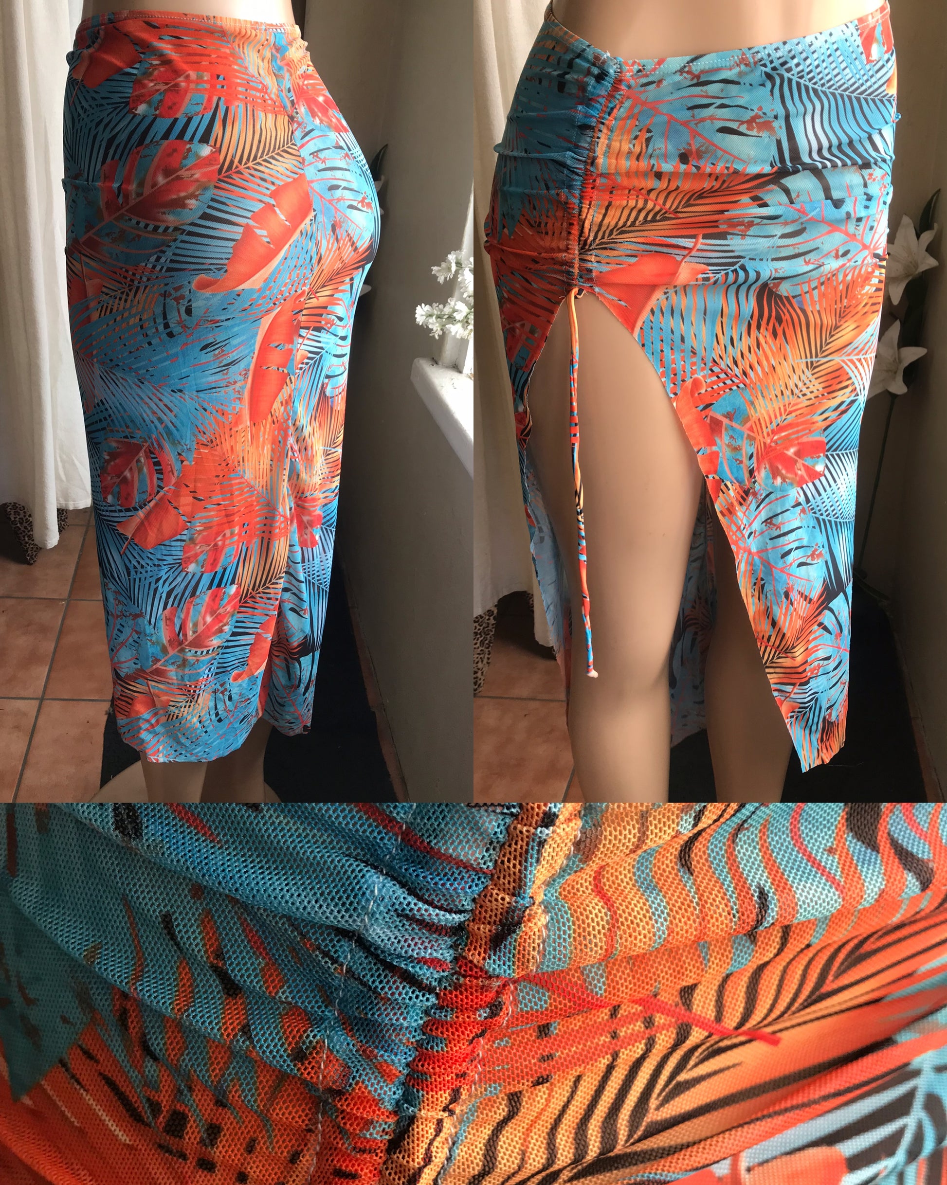 Orange print mesh slit beach skirt / coverup . m