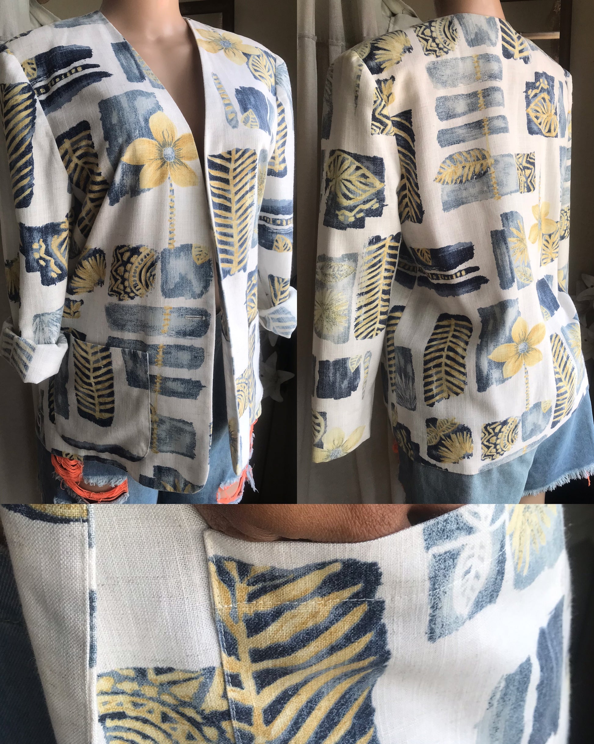 Vintage linen blazer blue yellow floral  ^^^ M/L ,,, >>>