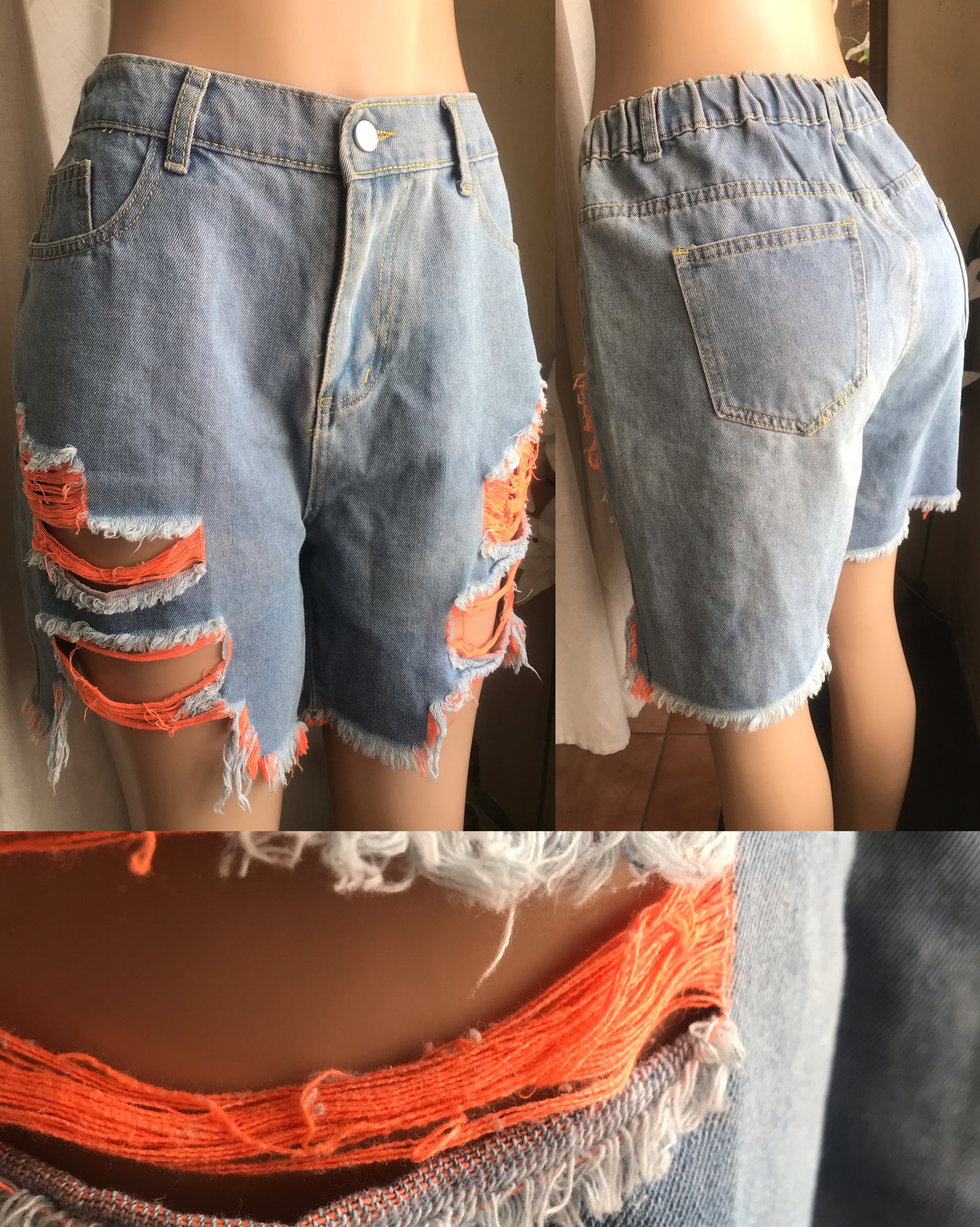 Distressed orange blue jean shorts ;;; L