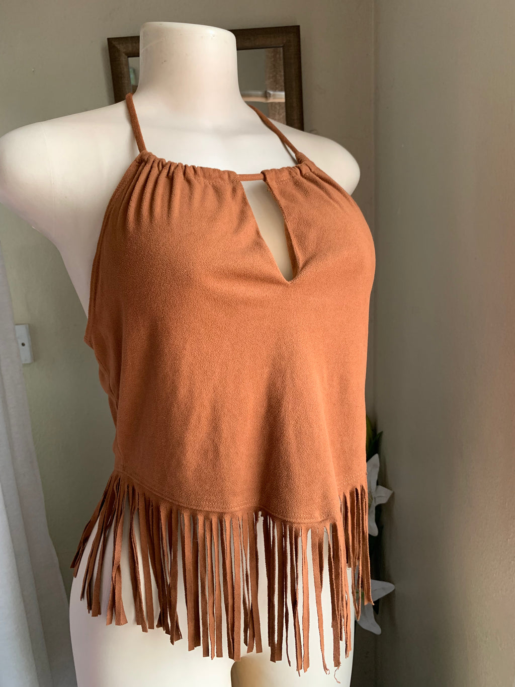Boho brown Suede-feel Fringe halter Top ... M