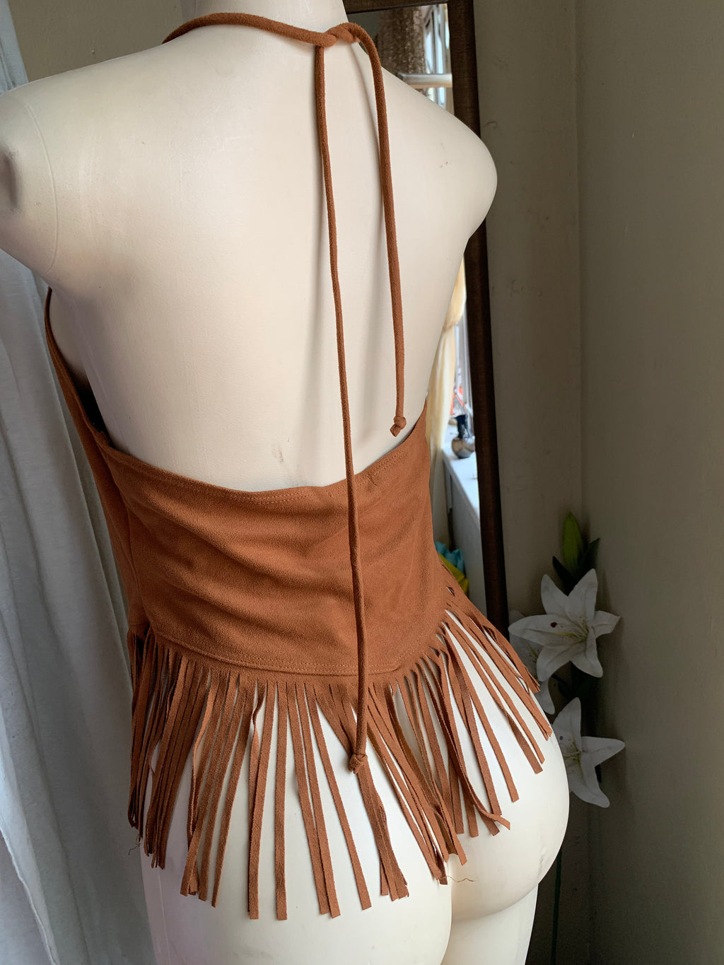 Boho brown Suede-feel Fringe halter Top ... M