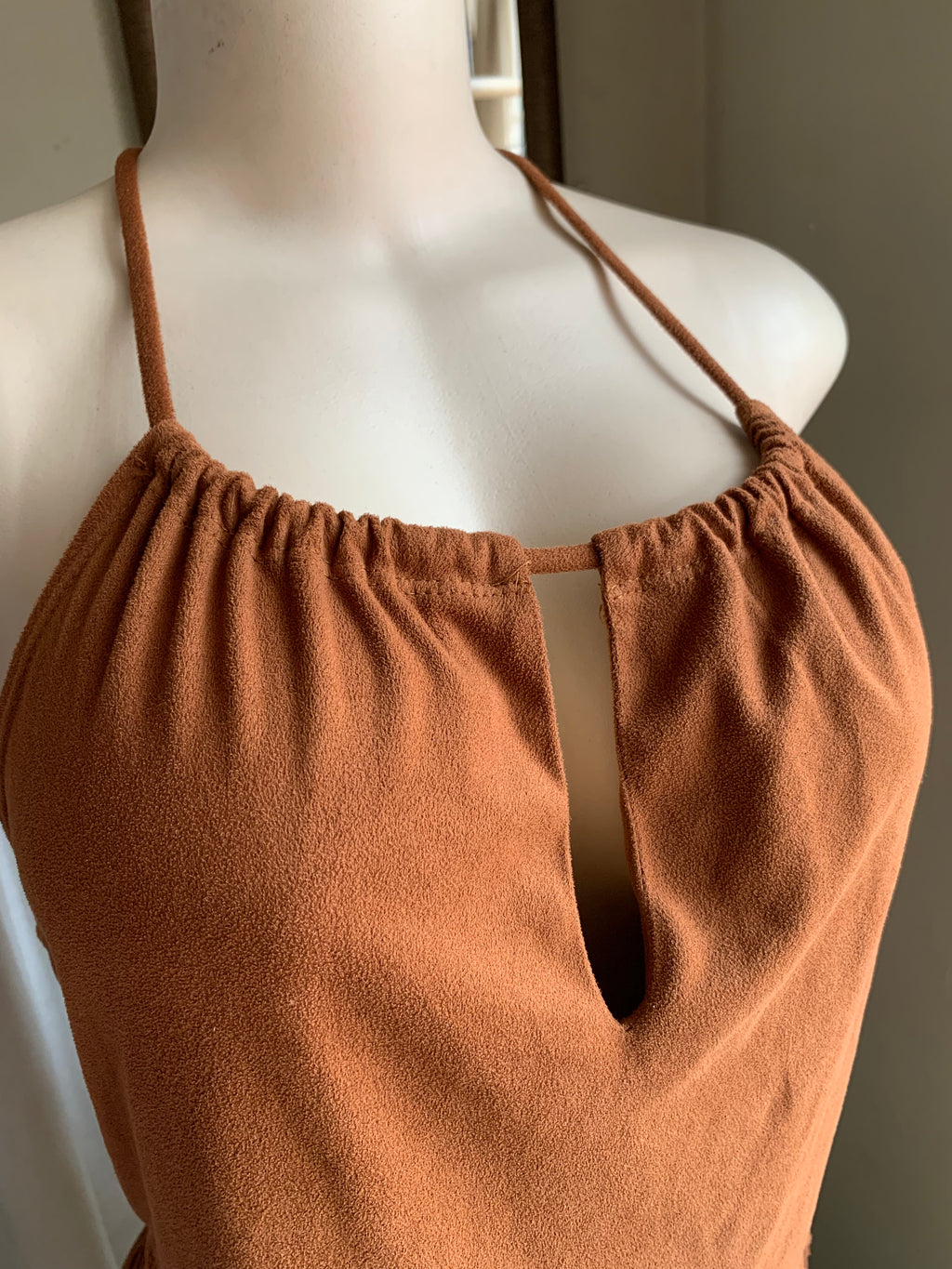 Boho brown Suede-feel Fringe halter Top ... M