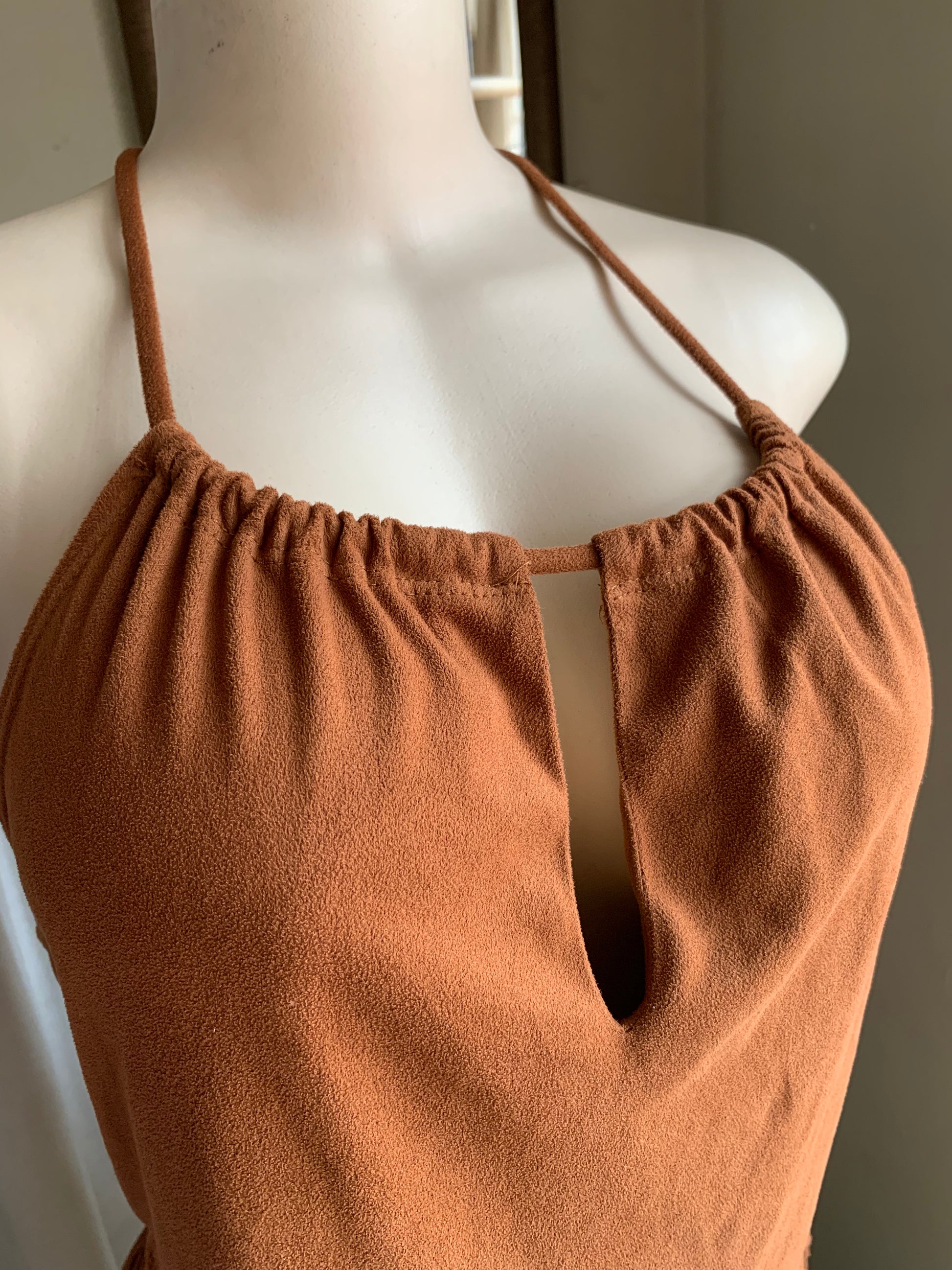 Boho brown Suede-feel Fringe halter Top ... M