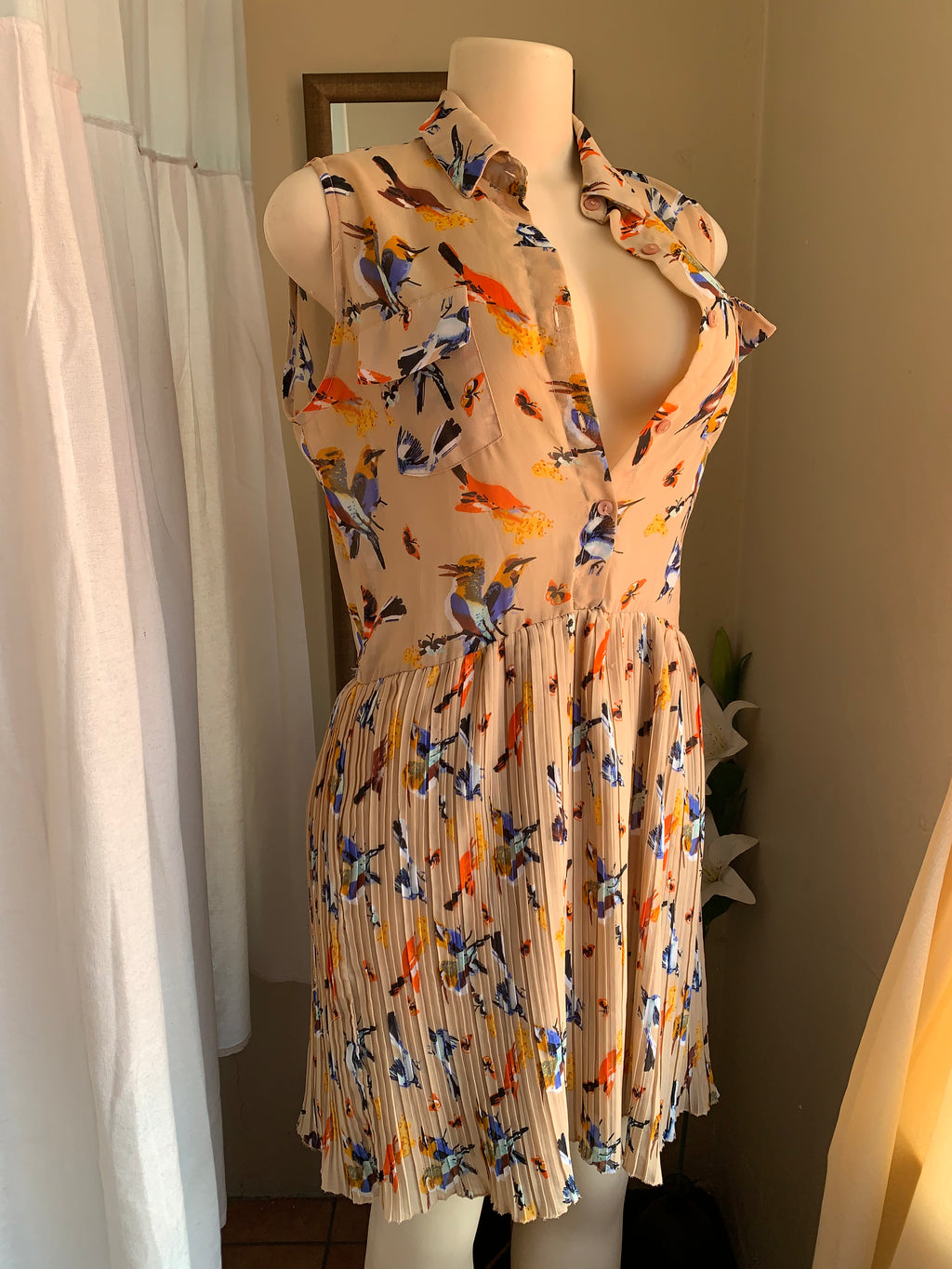 Bird print button down Sun dress small